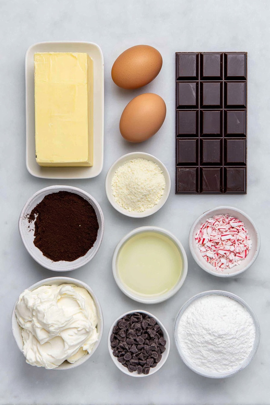 Flat lay of a small bar of rich bittersweet chocolate, a few cubes of pale yellow butter, a small mound of white granulated sugar, two brown eggs with clean shells, a small white bowl of clear peppermint extract, a small white bowl of light vanilla extract, a small heap of pale all-purpose flour, a small white bowl of dark cocoa powder, a small pinch of white salt crystals, a square block of creamy white cream cheese, a few slices of softened pale butter, a small white bowl filled with fine powdered sugar, a small white bowl of thick heavy whipping cream, a small handful of glossy bittersweet chocolate chips, and a small pile of crushed candy cane pieces—all arranged symmetrically, placed on a clean white marble surface, soft natural light, photo taken with an iPhone, professional food photography style, fresh ingredients, white ceramic bowls, no bottles, no duplicates, no utensils, no packaging --ar 2:3 --v 7 --p m7354615311229779997 - Peppermint Brownies with Cream Cheese Frosting, peppermint brownie recipe, festive chocolate brownies, holiday dessert brownies, creamy peppermint frosting