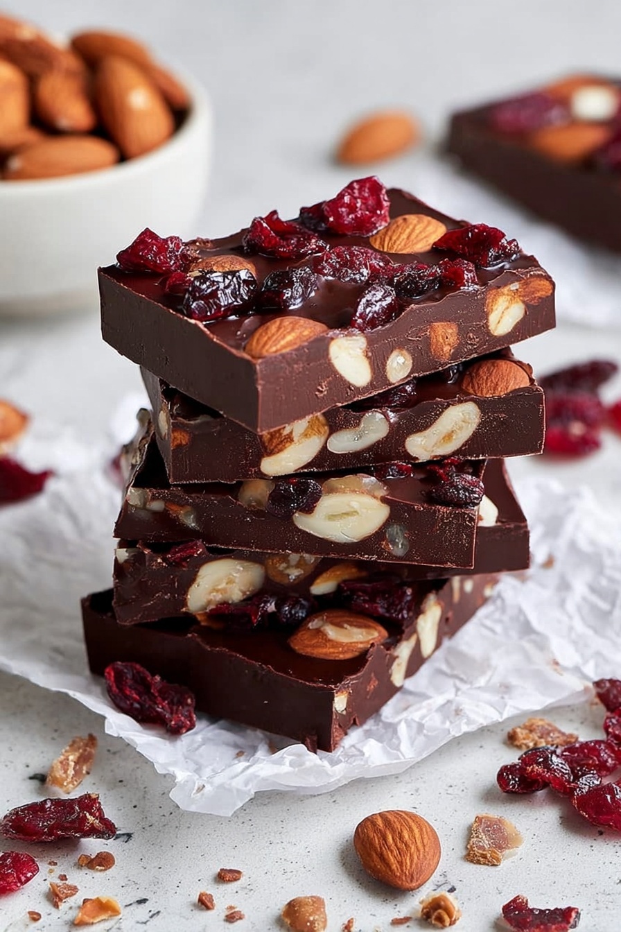 The image shows a stack of four thick rectangular chocolate pieces, each layered with whole almonds embedded inside and many dried cranberries on top. The top layer is glossy dark chocolate holding the almonds and cranberries that add a rich red and brown color contrast. The chocolate blocks are placed on white crumpled paper, with scattered dried cranberries and small chocolate crumbs around. The background is a white marbled surface with a blurred white bowl filled with more almonds in the distance. Photo taken with an iphone --ar 2:3 --v 7 - Easy Chocolate Bark with Nuts and Dried Fruit, chocolate bark with nuts and dried fruit, homemade chocolate bark, quick chocolate snack, holiday chocolate bark