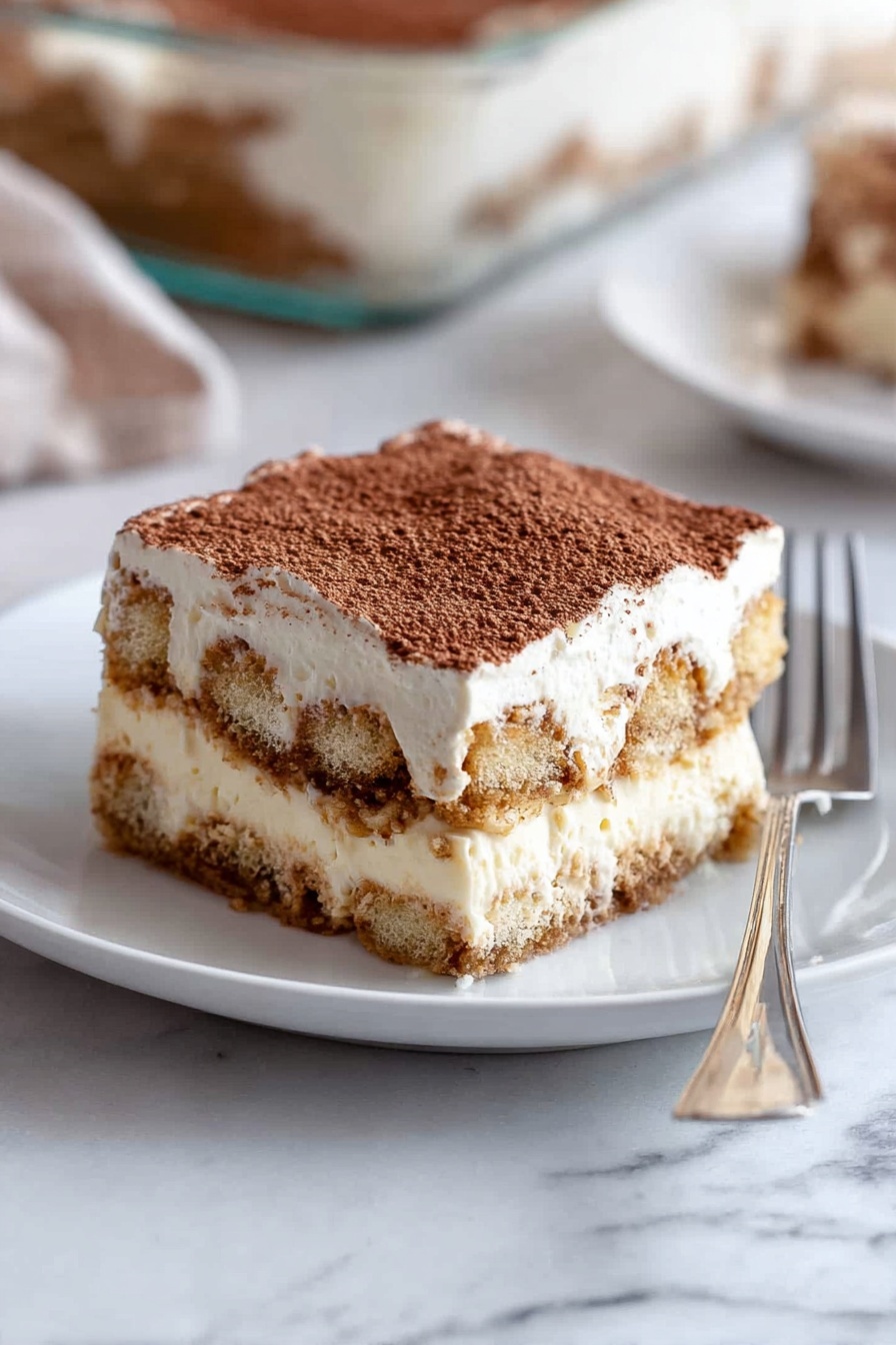A square piece of tiramisu dessert is placed on a white plate with a silver fork beside it. The tiramisu has three clear layers: a bottom layer of soft, light brown soaked cake, a middle thick layer of creamy white filling with some soaked cake pieces showing through, and a top thick layer of light cream covered evenly with a dusting of fine chocolate or cocoa powder. In the background, part of a glass dish with more tiramisu is visible. The scene sits on a white marbled surface with soft natural lighting, giving a fresh and clean look. Photo taken with an iphone --ar 2:3 --v 7 - Classic Tiramisu Coffee and Mascarpone, authentic Italian tiramisu dessert, easy homemade tiramisu, creamy coffee tiramisu recipe, decadent tiramisu with espresso