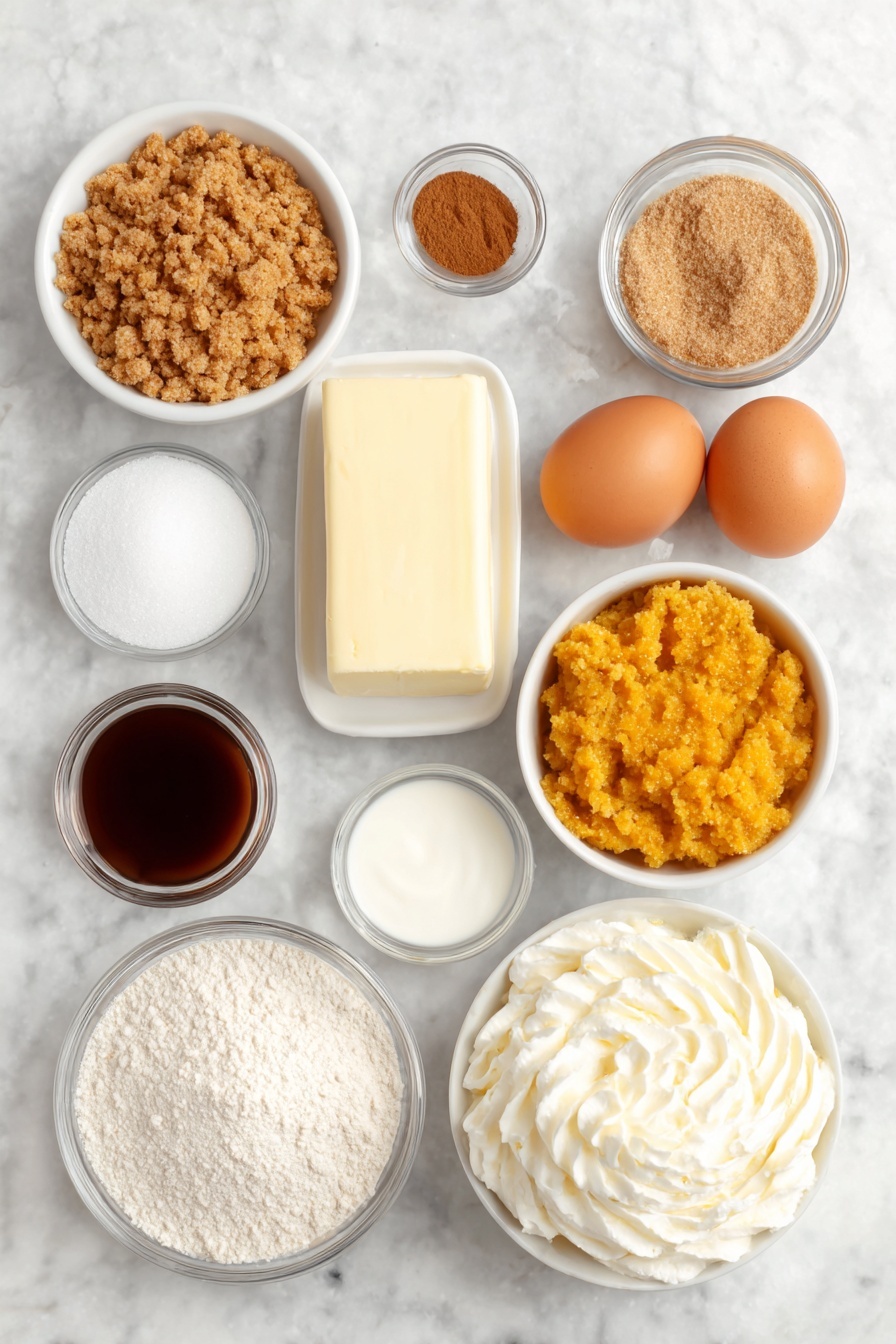 Flat lay of a small mound of golden graham cracker crumbs, a few uneven chunks of creamy unsalted butter, a small white bowl filled with granulated sugar, a teaspoon of ground cinnamon neatly sprinkled on a white dish, a block of smooth cream cheese, a pile of packed light brown sugar, a dollop of bright orange pumpkin puree on a white ceramic plate, four large whole brown eggs with clean shells, a small white bowl holding sour cream, a small heap of all-purpose flour, a small dish with a mix of pumpkin pie spice, a pinch of fine salt on a white plate, a small white bowl of clear vanilla extract, a small white bowl filled with rich golden butterscotch sauce, and a cloud-like swirl of fresh whipped cream—all ingredients arranged symmetrically with balanced spacing, placed on a clean white marble surface, soft natural light, photo taken with an iPhone, professional food photography style, fresh ingredients, white ceramic bowls, no bottles, no duplicates, no utensils, no packaging --ar 2:3 --v 7 --p m7354615311229779997 - Cream Cheese Pumpkin Cheesecake, Pumpkin Cheesecake Recipe, Pumpkin Cheesecake, Fall Dessert, Easy Pumpkin Cheesecake