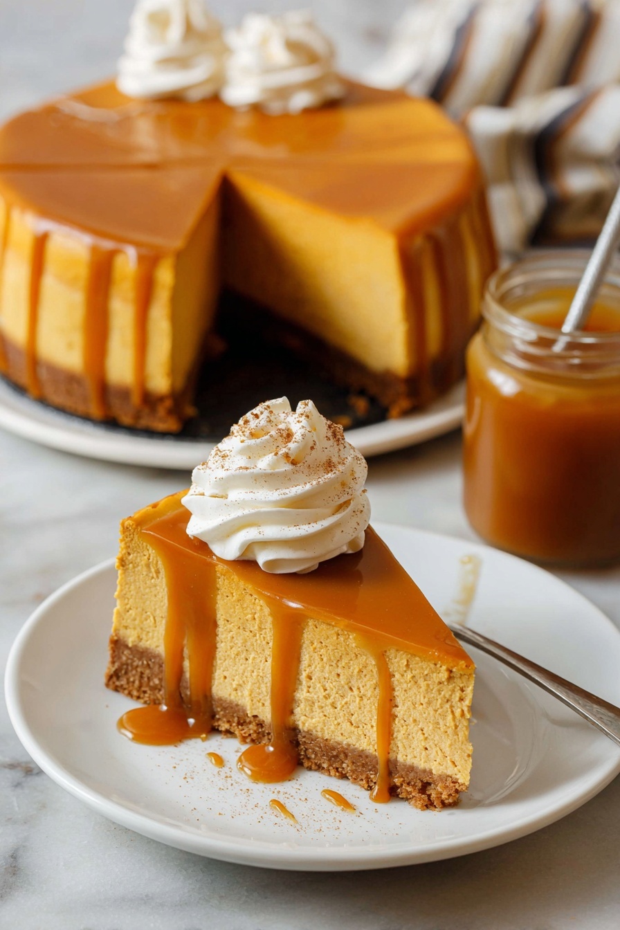 A slice of pumpkin pie with three visible layers is on a white plate placed on a white marbled surface; the bottom layer is a brown crust, the middle layer is a thick, smooth orange pumpkin filling, and the top layer is a glossy caramel sauce dripping down the sides; on top, there is a large swirl of white whipped cream sprinkled with light brown spice; a silver fork rests on the plate's edge and a jar with caramel sauce and a spoon in it is blurred in the background; photo taken with an iphone --ar 2:3 --v 7 - Cream Cheese Pumpkin Cheesecake, Pumpkin Cheesecake Recipe, Pumpkin Cheesecake, Fall Dessert, Easy Pumpkin Cheesecake