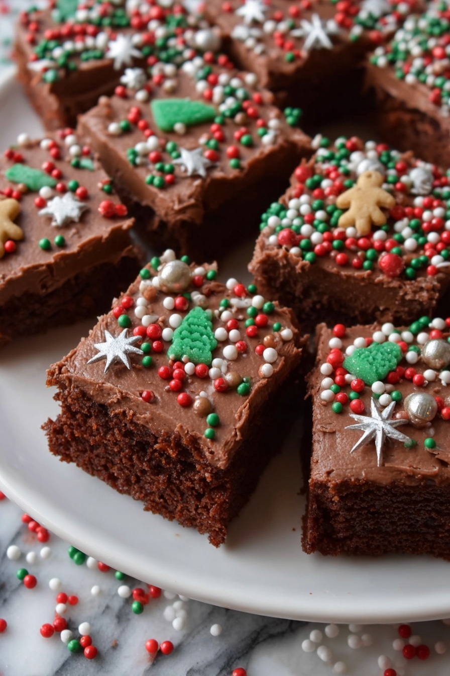 Several square pieces of chocolate brownies with a thick layer of chocolate frosting on top are placed on a white plate. The frosting is covered with colorful Christmas-themed sprinkles, including red, green, white, and brown shapes like stars and gingerbread men. Some sprinkles have fallen onto the plate. Near the plate, there is a small white bowl filled with more of the same sprinkles. A cute reindeer decoration with wooden antlers and a brown nose sits beside the bowl on a white marbled surface. A knitted mitten with red, green, and white patterns and buttons is also visible under the plate. photo taken with an iphone --ar 2:3 --v 7 - Chocolate Frosted Christmas Brownies, Christmas brownies, holiday brownie recipes, festive chocolate brownies, fudgy holiday desserts