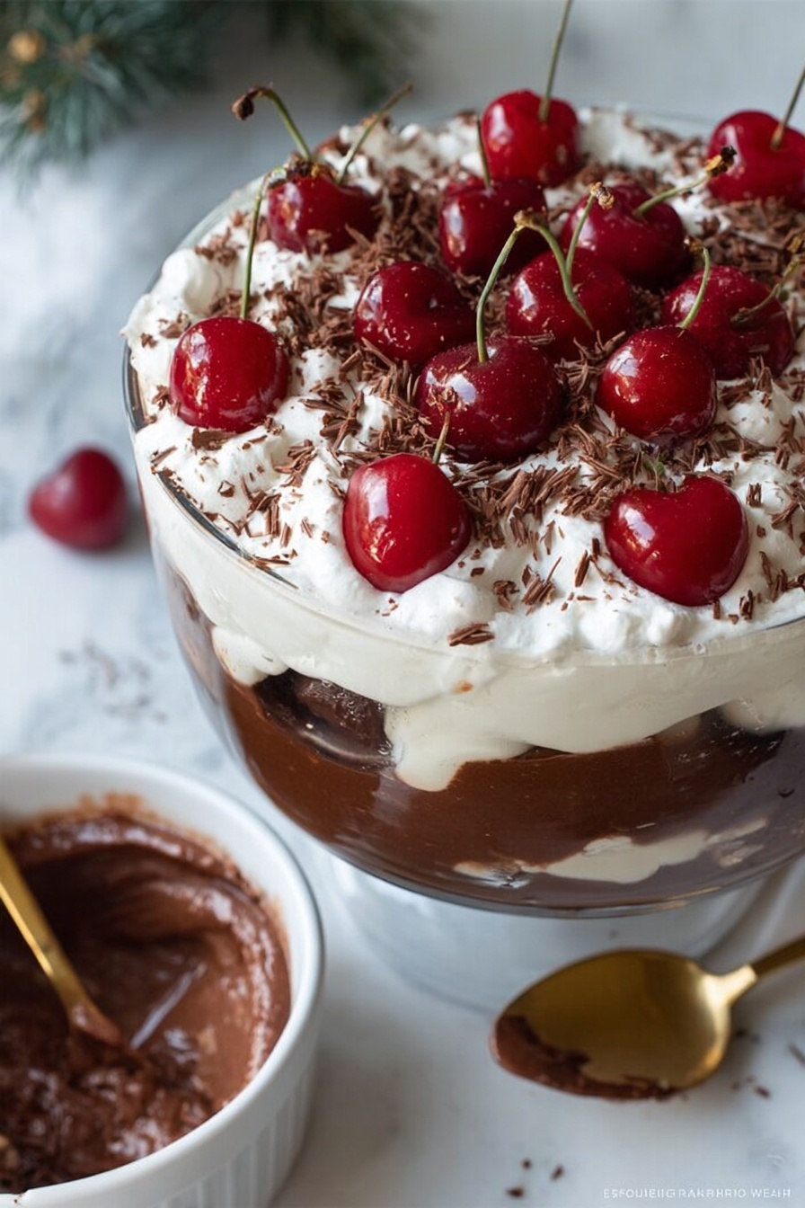 The dessert is shown in a clear glass bowl with a tall stem, placed on a white marbled surface. At the bottom, there is a thick layer of round chocolate rolls, dark brown and soft-looking. Above that, there is a smooth light brown chocolate layer. The middle layer is white and creamy, topped by a dark red cherry jam layer with visible cherry pieces. A thick, dark chocolate layer sits above the jam, and the top layer is a generous amount of white whipped cream decorated with whole bright red cherries and lightly sprinkled with chocolate shavings. The background is soft and out of focus with a hint of green foliage. Photo taken with an iphone --ar 2:3 --v 7 - Black Forest Trifle with Cherries and Chocolate, Black Forest Layered Dessert, Cherry Chocolate Trifle, Easy Black Forest Cake Alternative, Elegant Chocolate Fruit Dessert