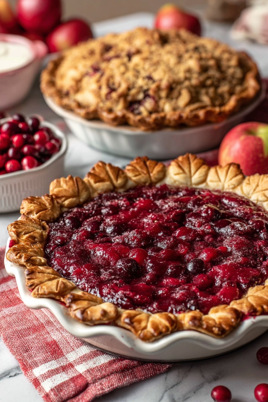 A close-up view shows a deep red fruit pie with a thick, textured filling that is shiny and full of small fruit pieces. The pie crust is golden brown and flaky, with decorative leaf shapes pressed into the edge, which rests on the rim of a white pie dish. The background shows some loose red fruits scattered on a white marbled surface, with a stack of patterned white plates and silver forks in soft focus behind the pie. The overall scene is bright and inviting. photo taken with an iphone --ar 2:3 --v 7 - Easy Cranberry Pie with Orange and Spices, Cranberry Pie, Holiday Cranberry Pie, Simple Cranberry Pie Recipe, Festive Cranberry Dessert