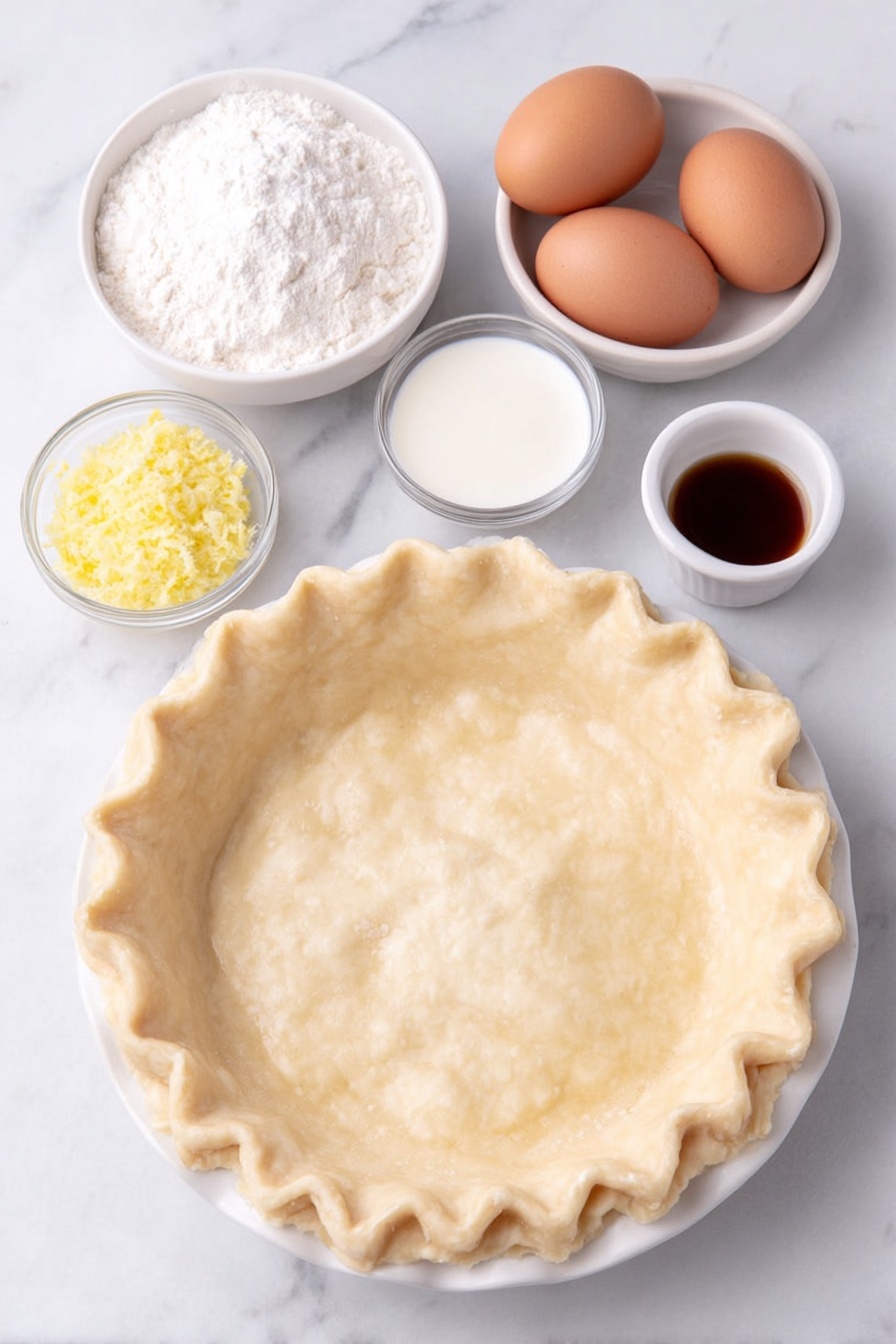 Flat lay of a pristine unbaked 9-inch pie crust on a simple white ceramic plate, three whole large brown eggs with clean shells, a small white bowl of granulated sugar, a small white bowl of all-purpose flour, a small white bowl containing melted golden butter, a small white bowl filled with fresh buttermilk, a small white bowl of clear lemon juice, a small heap of bright yellow lemon zest, a small white bowl of vanilla extract, and a tiny pinch of kosher salt arranged symmetrically in a balanced composition, all ingredients fresh and natural, placed on a clean white marble surface, soft natural light, photo taken with an iPhone, professional food photography style, fresh ingredients, white ceramic bowls, no bottles, no duplicates, no utensils, no packaging --ar 2:3 --v 7 --p m7354615311229779997 - Delicious Buttermilk Pie, Southern custard pie recipe, easy buttermilk dessert, homemade buttermilk pie, classic southern pie