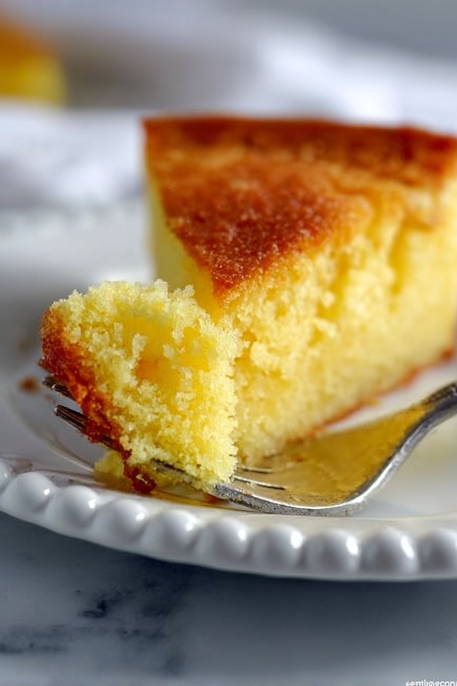 A close-up image shows a piece of yellow cake with a golden brown crust on top and the sides, held by a silver fork. The cake looks soft and moist inside, with a slightly crumbly texture. The fork is resting on a white plate with a beaded edge, which sits on a white marbled surface. The background is softly blurred, focusing on the cake piece. Photo taken with an iphone --ar 2:3 --v 7 - Delicious Buttermilk Pie, Southern custard pie recipe, easy buttermilk dessert, homemade buttermilk pie, classic southern pie