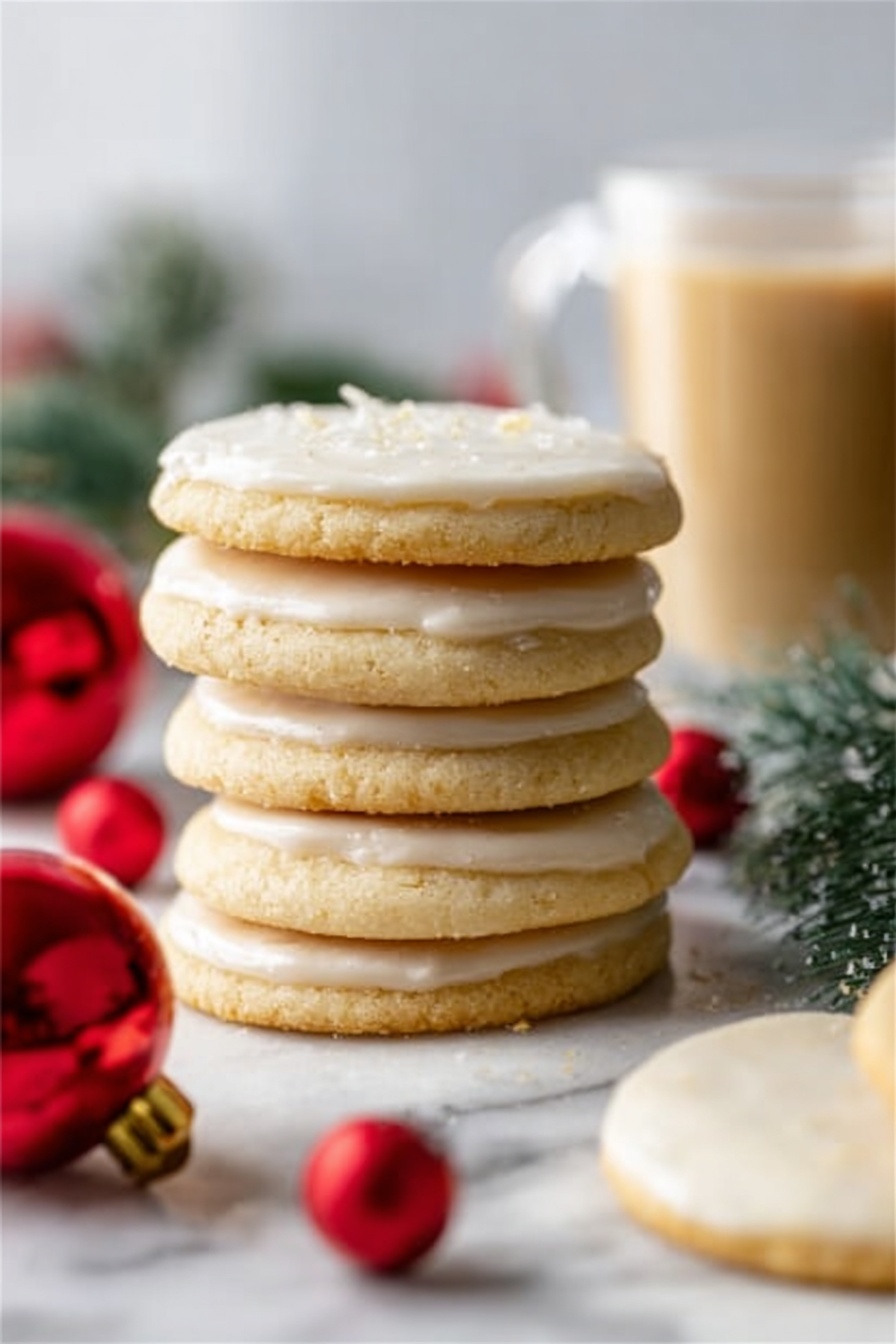 The image shows a stack of five round cookies with a smooth, pale golden texture, placed on a white marbled surface. Each cookie has a slightly darker edge and a flat top, with the top cookie featuring a light frosting layer covering its surface. Around the stack, there are small red Christmas ornaments and green pine leaves blurred in the background, adding a festive touch. A blurred glass with a light brown drink is visible behind the cookies. The focus is on the stack, with soft, natural light enhancing the warm colors. Photo taken with an iphone --ar 2:3 --v 7 - Eggnog Cookies with Creamy Glaze, holiday eggnog cookies, festive eggnog cookie recipe, easy eggnog cookies, Christmas cookie recipes