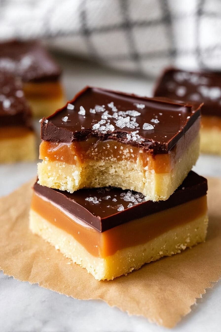 The image shows two stacked dessert squares with three clear layers: the bottom layer is light yellow and crumbly like shortbread, the middle layer is a smooth caramel in a golden brown color, and the top layer is a thick dark chocolate with a shiny, smooth texture sprinkled with flaky white sea salt. The top square has a bite taken out of it, showing the soft inside of each layer. The treats are placed on a piece of parchment paper on a white marbled surface, with a white and black checkered cloth blurred in the background. photo taken with an iphone --ar 2:3 --v 7 - Chewy Caramel Shortbread Bars, caramel shortbread bars, shortbread dessert, caramel dessert bars, chocolate caramel shortbread