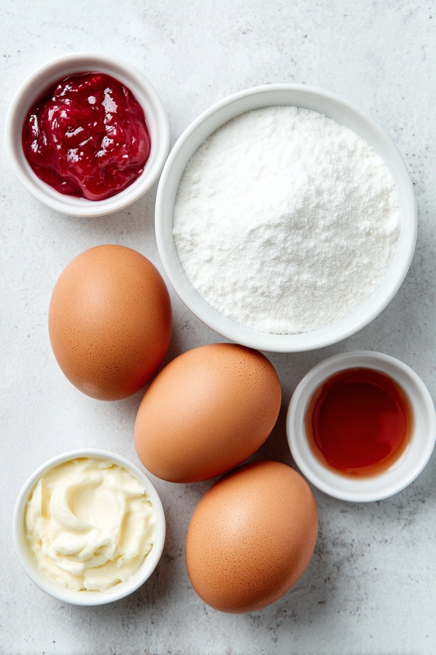 Flat lay of three whole large brown eggs with clean shells, a small white ceramic bowl filled with fine white sugar, a small white ceramic bowl holding clear peppermint concentrate liquid, and a tiny white ceramic dish containing bright red gel-paste food coloring, all arranged symmetrically and naturally on a clean white marble surface, soft natural light, photo taken with an iPhone, professional food photography style, fresh ingredients, white ceramic bowls, no bottles, no duplicates, no utensils, no packaging --ar 2:3 --v 7 --p m7354615311229779997 - Peppermint Meringue Cookies, festive holiday cookies, peppermint dessert recipes, easy meringue cookies, holiday treat ideas