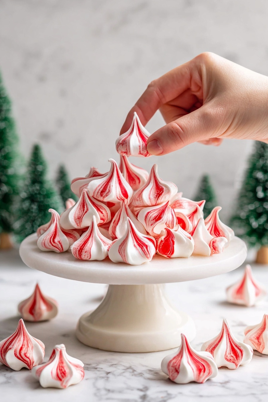 A white scalloped bowl filled with many small meringue kisses, each with swirled red and white coloring in sharp peaks, almost like little stars, stacked closely together. The meringues have a smooth, glossy texture with a soft curl at their tips. Around the bowl on a white marbled surface, several loose meringue kisses lie scattered, showing their bright red and white swirl pattern more clearly. The scene is brightly lit, emphasizing the shiny, crisp texture of the meringues. Photo taken with an iphone --ar 2:3 --v 7 - Peppermint Meringue Cookies, festive holiday cookies, peppermint dessert recipes, easy meringue cookies, holiday treat ideas