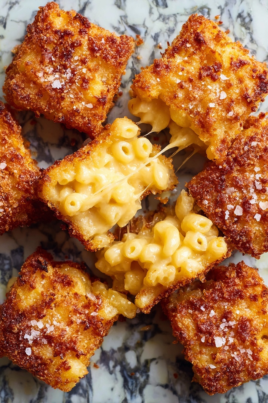The image shows several crispy, golden brown squares with a crunchy texture and sprinkled with coarse salt on top. One square is broken in the middle, revealing creamy, soft macaroni and cheese inside with stretchy melted cheese. The background is a white marbled surface with a pattern and the squares are arranged in a close group. photo taken with an iphone --ar 2:3 --v 7 - Crispy Fried Mac and Cheese Bites, crispy mac and cheese, cheesy appetizer, easy party snacks, fried mac and cheese recipe