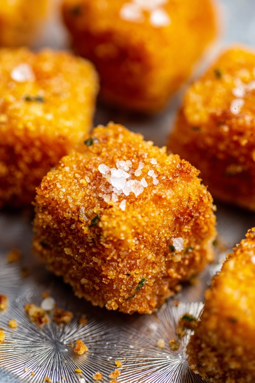 The image shows several small, golden brown crispy cubes with a crunchy texture, sprinkled with coarse white salt on top. The cubes have an even coating with flecks of green herbs visible inside the crust. They are arranged on a metallic surface with a starburst pattern, which has been changed to look like a white marbled texture in your use. The crispy cubes have a rough, crumbly coating, and the close-up view highlights their crunchy and textured surface. photo taken with an iphone --ar 2:3 --v 7 - Crispy Fried Mac and Cheese Bites, crispy mac and cheese, cheesy appetizer, easy party snacks, fried mac and cheese recipe