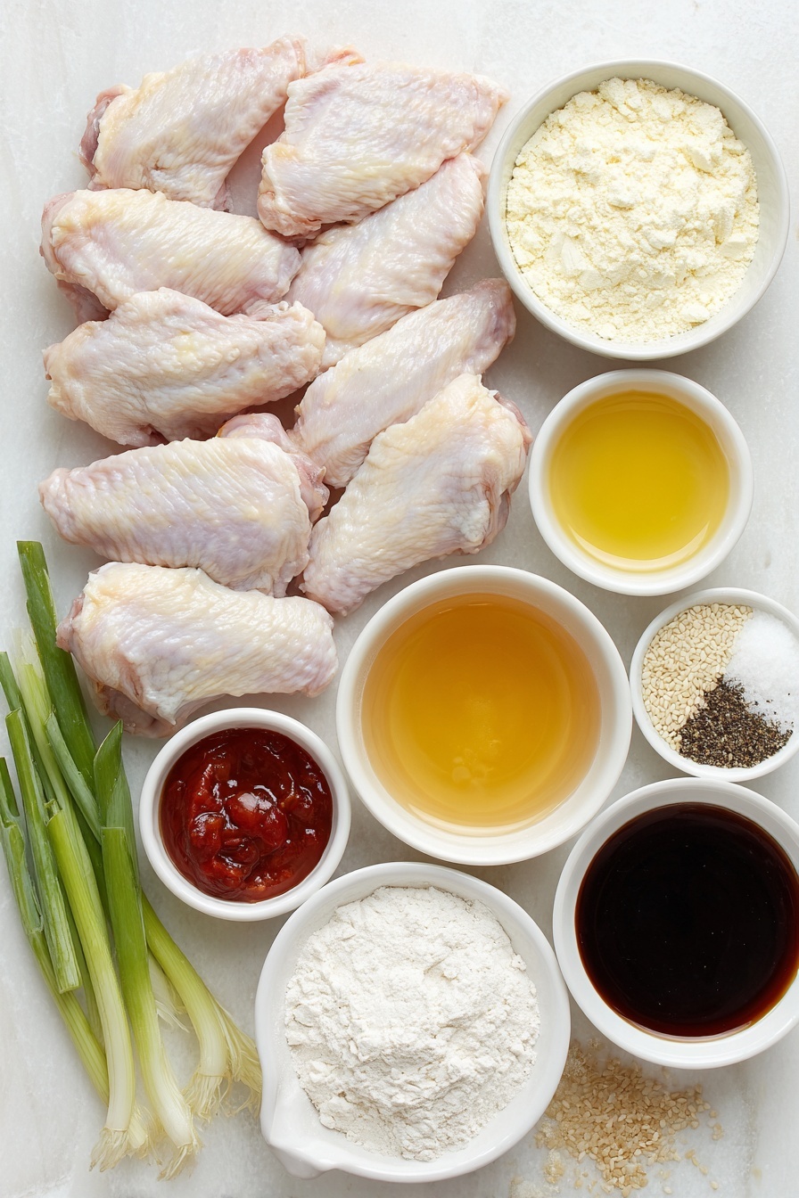 Flat lay of ten fresh raw chicken wings arranged neatly next to a small white ceramic bowl of all-purpose flour, a small white bowl containing coarse ground black pepper, a small white bowl with light brown granulated garlic powder, a small white bowl holding fine onion powder, a small white bowl filled with coarse salt, a small white bowl of golden honey glistening under natural light, a small white bowl of light brown sugar with a slightly moist texture, a small white bowl of vibrant red sweet chili sauce, a small white bowl of dark soy sauce with a glossy surface, a few fresh spring onion stalks finely chopped and placed separately, and a small white bowl with scattered white sesame seeds — all ingredients fresh and natural, perfectly spaced and symmetrical, placed on a clean white marble surface, soft natural light, photo taken with an iPhone, professional food photography style, fresh ingredients, white ceramic bowls, no bottles, no duplicates, no utensils, no packaging --ar 2:3 --v 7 --p m7354615311229779997 - Honey Garlic Chicken Wings, Chicken Wings Recipe, Easy Baked Chicken Wings, Crispy Honey Garlic Wings, Finger-Licking Chicken Wings