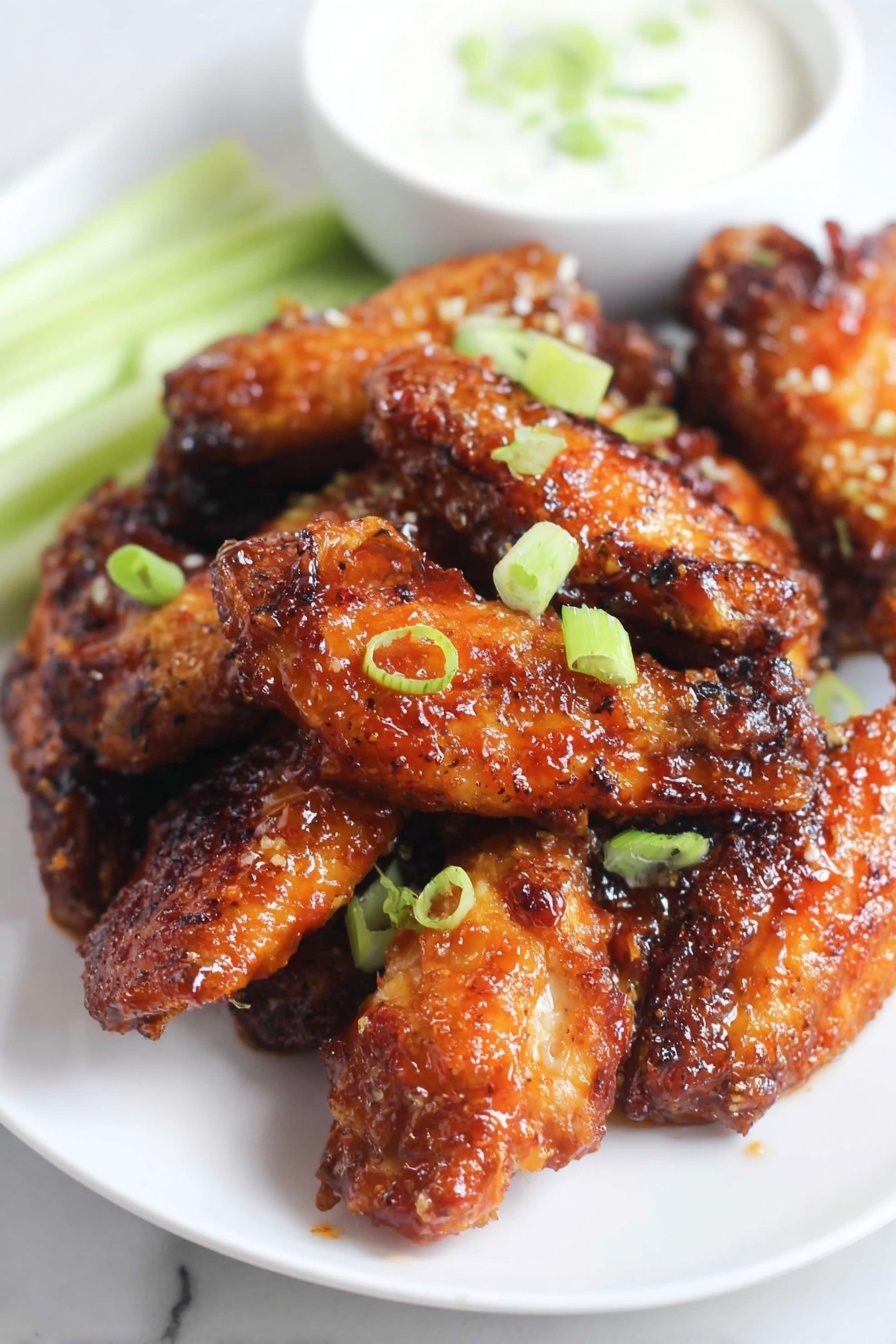 A white plate on a white marbled surface holds a pile of shiny, well-cooked chicken wings glazed with a sticky orange sauce, giving them a crisp and slightly charred texture. The wings are scattered with small bright green slices of green onion. Behind the wings on the plate, there is a small white bowl filled with a creamy, white dipping sauce. To the side of the bowl, light green celery sticks slightly peek into the frame. The scene is brightly lit, showing the rich colors and texture of the food clearly. photo taken with an iphone --ar 2:3 --v 7 - Honey Garlic Chicken Wings, Chicken Wings Recipe, Easy Baked Chicken Wings, Crispy Honey Garlic Wings, Finger-Licking Chicken Wings