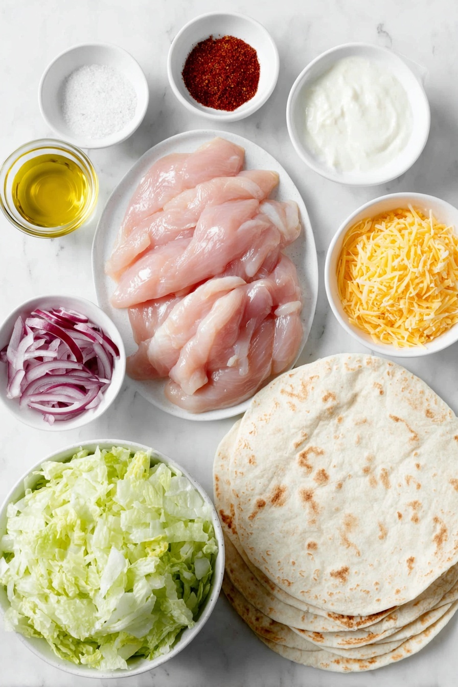 Flat lay of a raw boneless skinless chicken breast sliced into long strips, a small white bowl of golden olive oil, a small white bowl filled with bright orange Franks Buffalo Wings sauce, a small white bowl with reddish smoked paprika powder, a small white bowl with pale beige garlic powder, a small white bowl with fine white salt, four large plain flour tortillas stacked neatly on a simple white ceramic plate, a small white bowl of creamy white ranch dressing, a symmetrical pile of fresh chopped romaine lettuce leaves, a small white bowl of finely shredded bright orange carrot, a small white bowl with thin half moon slices of vivid purple red onion, a small white bowl filled with shredded sharp cheddar cheese in deep yellow-orange hues, placed on a clean white marble surface, soft natural light, photo taken with an iPhone, professional food photography style, fresh ingredients, white ceramic bowls, no bottles, no duplicates, no utensils, no packaging --ar 2:3 --v 7 --p m7354615311229779997 - Buffalo Chicken Wraps, Buffalo Chicken Wraps recipe, easy buffalo chicken wraps, spicy chicken wrap, quick lunch wraps