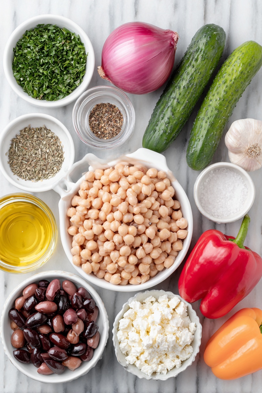 Flat lay of a small white ceramic bowl filled with cooked chickpeas, a small white ceramic bowl with white cannellini beans, a whole red bell pepper, a whole orange bell pepper, two whole Persian cucumbers, half a small red onion cut to show its layers, a small white ceramic bowl of fresh chopped parsley, a small white ceramic bowl with kalamata olives, a small white ceramic bowl with crumbled feta cheese, a small white ceramic bowl containing red wine vinegar, a small white ceramic bowl with golden honey, a small pile of dried oregano leaves, three whole uncracked garlic cloves with papery skins intact, a small white ceramic bowl with fine salt, a small white ceramic bowl with freshly ground black pepper, and a small white ceramic bowl filled with extra virgin olive oil, all arranged symmetrically and balanced, placed on a clean white marble surface, soft natural light, photo taken with an iPhone, professional food photography style, fresh ingredients, white ceramic bowls, no bottles, no duplicates, no utensils, no packaging --ar 2:3 --v 7 --p m7354615311229779997 - Creamy Chickpea and Bean Salad, healthy bean salad, protein-packed vegetarian salad, quick lunch salad, refreshing veggie salad