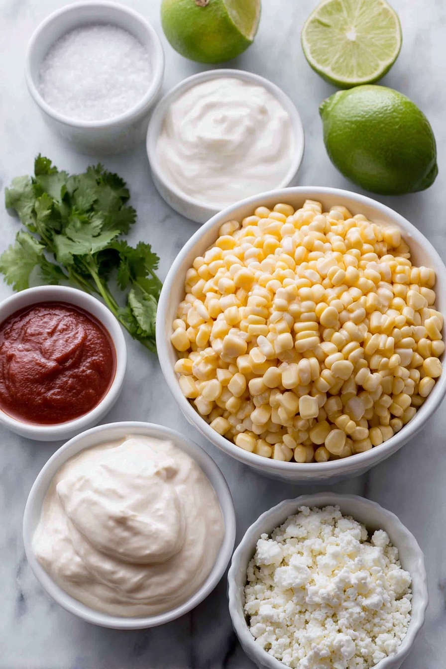 Flat lay of a small pile of bright yellow whole-kernel corn, a small white ceramic bowl of clear water, a small white ceramic bowl with white granulated sugar, a small white ceramic bowl with creamy white mayonnaise, a small white ceramic bowl with thick sour cream, a small white ceramic bowl holding smooth red sriracha sauce, a small white ceramic bowl of fine kosher salt, a small white ceramic bowl of light green lime salt, a small white ceramic bowl with crumbled white cotija cheese, a small bunch of fresh cilantro sprigs, a small white ceramic bowl of deep red chili powder, and a fresh green lime cut into wedges placed on a clean white marble surface, soft natural light, photo taken with an iPhone, professional food photography style, fresh ingredients, white ceramic bowls, no bottles, no duplicates, no utensils, no packaging --ar 2:3 --v 7 --p m7354615311229779997 - Mexican Street Corn Cups, Mexican Street Corn Cups recipe, easy Mexican street corn, elote cups, Mexican snack ideas