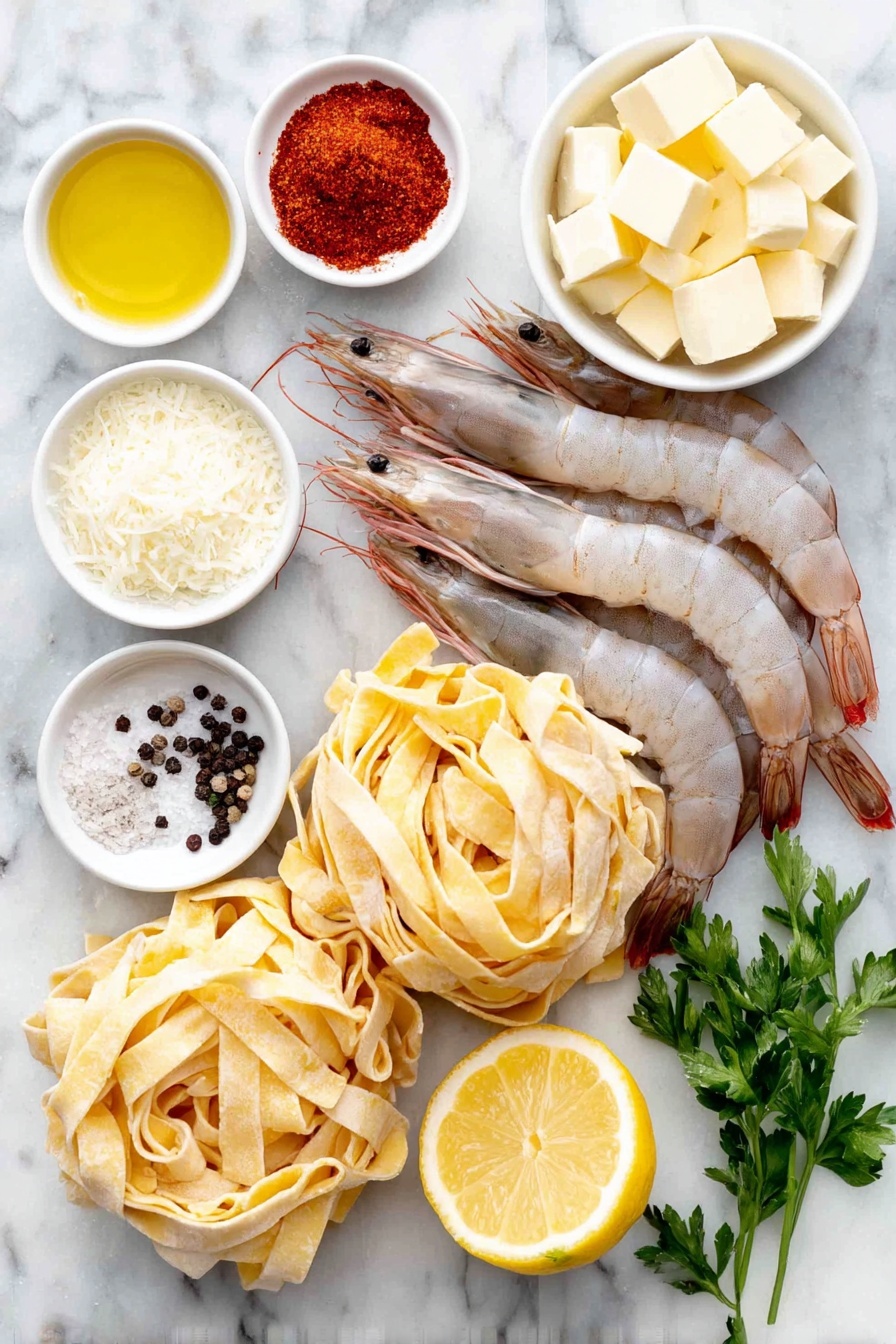 Flat lay of uncooked fettuccine pasta nests, a handful of large raw shrimp with shells removed, a small white bowl of bright red smoked paprika powder, a small white bowl of finely minced fresh garlic, a small white bowl of golden cooking oil, a small white bowl of pale yellow unsalted butter cubes, a small white bowl of all-purpose flour, a small white bowl of light golden chicken broth, a small white bowl of thick heavy cream, half a fresh lemon with visible zest, a small white bowl of finely grated Parmesan cheese, a few sprigs of fresh green parsley with some chopped leaves scattered beside it, scattered whole black peppercorns and coarse sea salt crystals, all arranged symmetrically and naturally placed on a clean white marble surface, soft natural light, photo taken with an iPhone, professional food photography style, fresh ingredients, white ceramic bowls, no bottles, no duplicates, no utensils, no packaging --ar 2:3 --v 7 --p m7354615311229779997 - Cajun Shrimp Fettuccine, Cajun pasta recipes, shrimp pasta ideas, spicy creamy pasta, easy Cajun seafood dishes