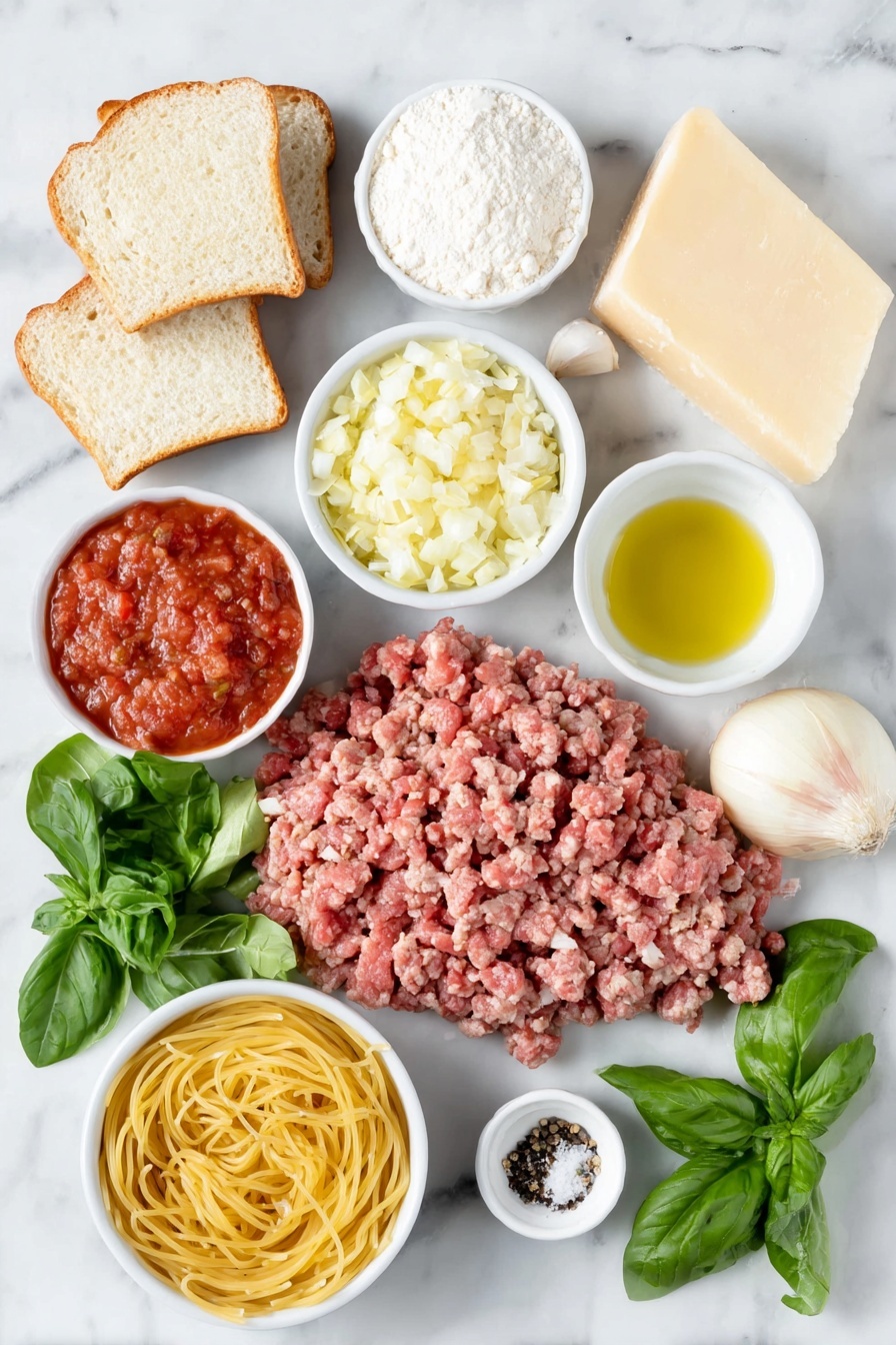 Flat lay of three slices of crustless white bread torn into pieces, a small pile of lean ground beef, a small pile of sweet Italian sausage meat with casings removed, a wedge of parmesan cheese with some finely grated cheese beside it, four whole garlic cloves and a few minced garlic cloves in a small white ceramic bowl, a whole large brown egg, a small white ceramic bowl filled with all-purpose flour, a small white ceramic bowl with light olive oil, a neatly chopped medium yellow onion, two bay leaves, a small white ceramic bowl of crushed tomatoes, a few fresh basil leaves finely minced beside more whole basil leaves, a nest of uncooked spaghetti pasta, a small white ceramic bowl of sea salt, and a small white ceramic bowl of black pepper, all arranged with perfect symmetry, placed on a clean white marble surface, soft natural light, photo taken with an iPhone, professional food photography style, fresh ingredients, white ceramic bowls, no bottles, no duplicates, no utensils, no packaging --ar 2:3 --v 7 --p m7354615311229779997 - Homemade Spaghetti and Meatballs, Italian spaghetti and meatballs, classic spaghetti with meatballs, homemade marinara sauce, easy Italian dinner