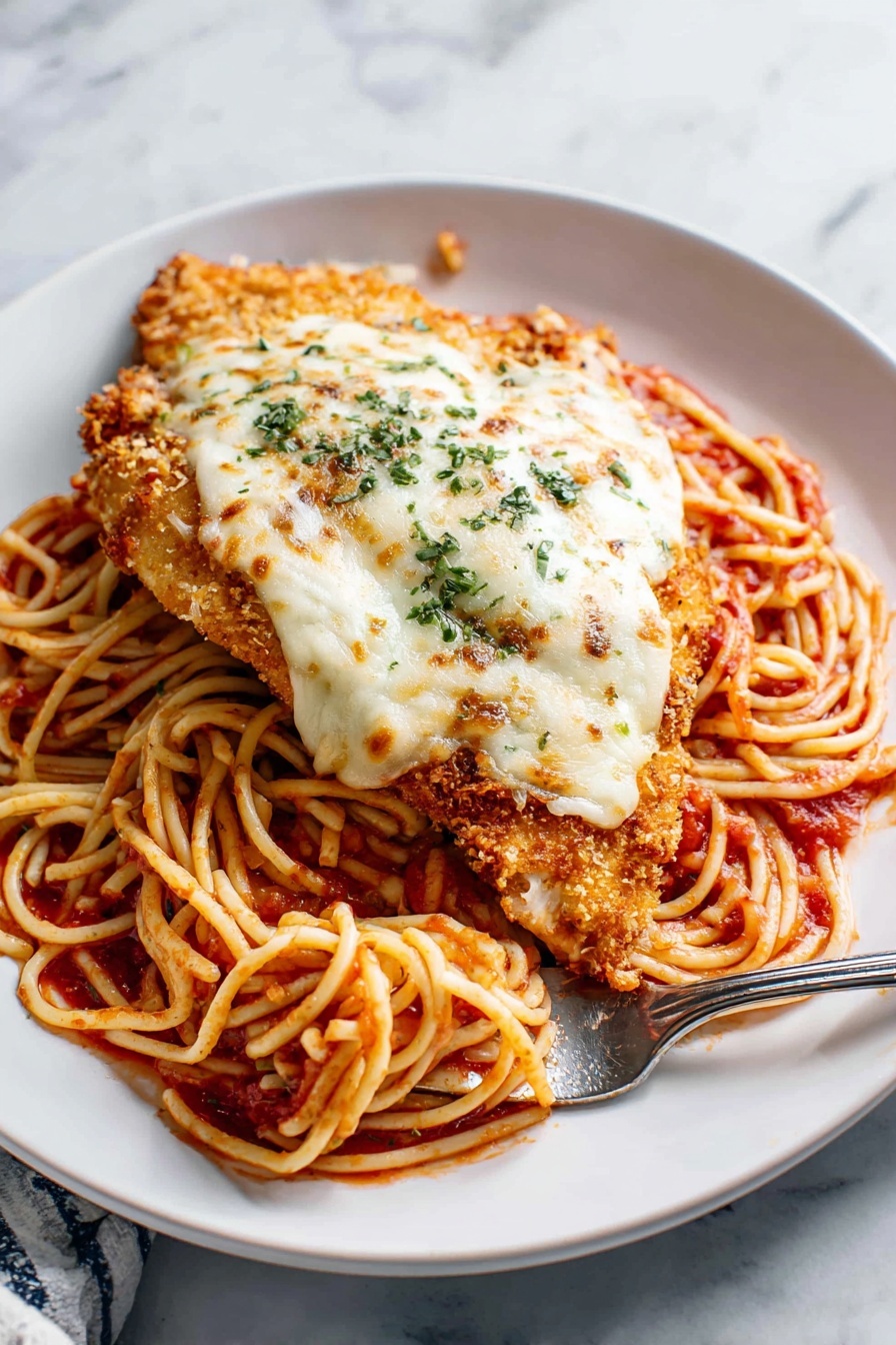 A white plate holds a serving of spaghetti coated in red tomato sauce as the first layer, with strands twisted and piled unevenly. On top, there is a piece of breaded, crispy golden-brown chicken. The chicken is covered with a layer of melted white cheese that is sprinkled with small bits of green herbs. The white marbled surface underneath adds a clean look to the scene, and a silver fork with some spaghetti is partially visible near the edge of the plate. photo taken with an iphone --ar 2:3 --v 7 - Chicken Parmesan Bake, easy Italian chicken bake, cheesy baked chicken, crispy chicken parm, crowd-pleasing dinner recipes