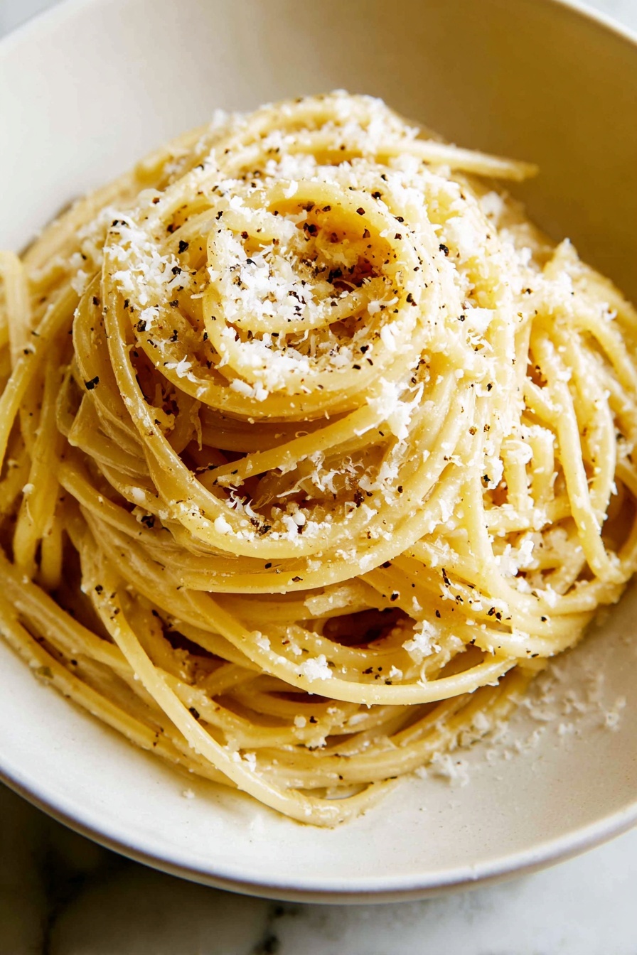 A white bowl holds a mound of spaghetti pasta coated in a light yellow sauce, speckled with small black pepper bits, with finely grated white cheese sprinkled over the top layer. A fork lifts a bundle of the pasta above the bowl, showing the smooth texture and twist of the noodles. In the background, there is a small white bowl with more grated cheese. The scene is set on a white marbled surface. photo taken with an iphone --ar 2:3 --v 7 - Quick Cacio e Pepe with Bucatini, easy Cacio e Pepe pasta, creamy peppery pasta recipe, 15-minute Italian dinner, simple bucatini pasta