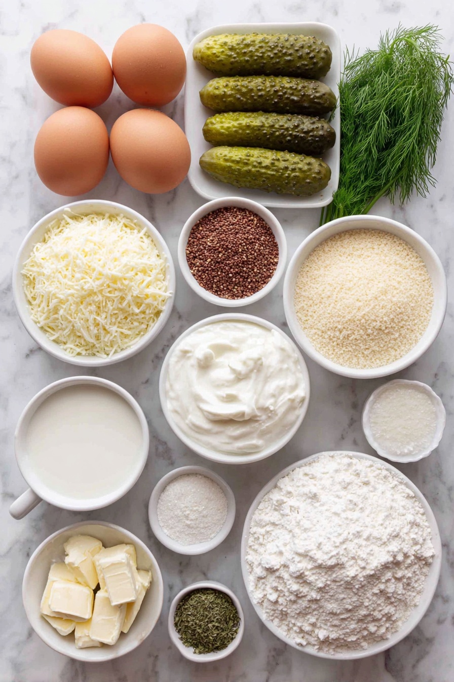 Flat lay of fresh baby dill sprigs, two large brown eggs with clean shells, whole dill pickle spears, a small white ceramic bowl of all-purpose flour, a small white ceramic bowl of panko bread crumbs, a small white ceramic bowl of stone-ground corn meal, a small white ceramic bowl of plain bread crumbs, a small white ceramic bowl of finely grated parmesan cheese, a small white ceramic bowl of mayonnaise, a small white ceramic bowl of plain Greek yogurt, a small white ceramic bowl of milk, a small white ceramic bowl of buttermilk, a small white ceramic bowl of white balsamic vinegar, a small white ceramic bowl containing a mix of cayenne pepper, black pepper, onion powder, garlic powder, ground white pepper, and salt combined -- all perfectly arranged with balanced spacing and symmetry, placed on a clean white marble surface, soft natural light, photo taken with an iPhone, professional food photography style, fresh ingredients, white ceramic bowls, no bottles, no duplicates, no utensils, no packaging --ar 2:3 --v 7 --p m7354615311229779997 - Baked Pickle Fries with Dill Ranch, pickle fry recipe, crispy baked pickle sticks, dill ranch dip, healthy pickle snack