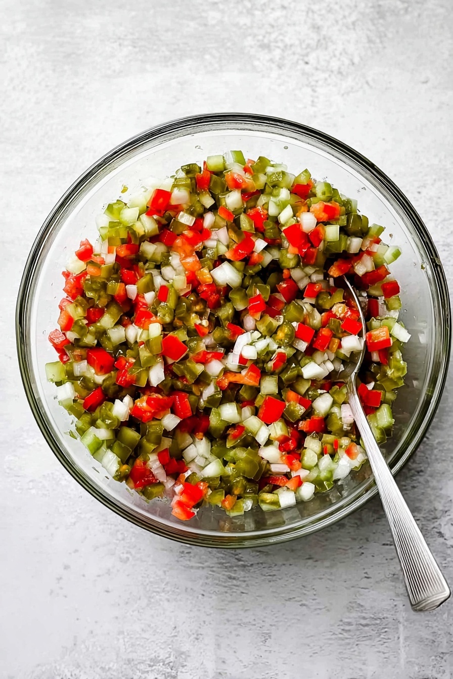 A woman's hand holds a single triangular light beige tortilla chip topped with a colorful mix of diced vegetables. The topping has three layers visible: light green pickles, white onions, and small bright red pieces, all with a fresh, slightly glossy texture. In the background, a white bowl filled with the same diced mixture sits on a white plate, surrounded by more triangular beige tortilla chips scattered on a white marbled surface. The overall image has a bright and fresh look with a clear focus on the chip and its topping. photo taken with an iphone --ar 2:3 --v 7 - Pickle de Gallo, Pickle de Gallo Recipe, tangy condiment, easy pickle relish, homemade pico de gallo