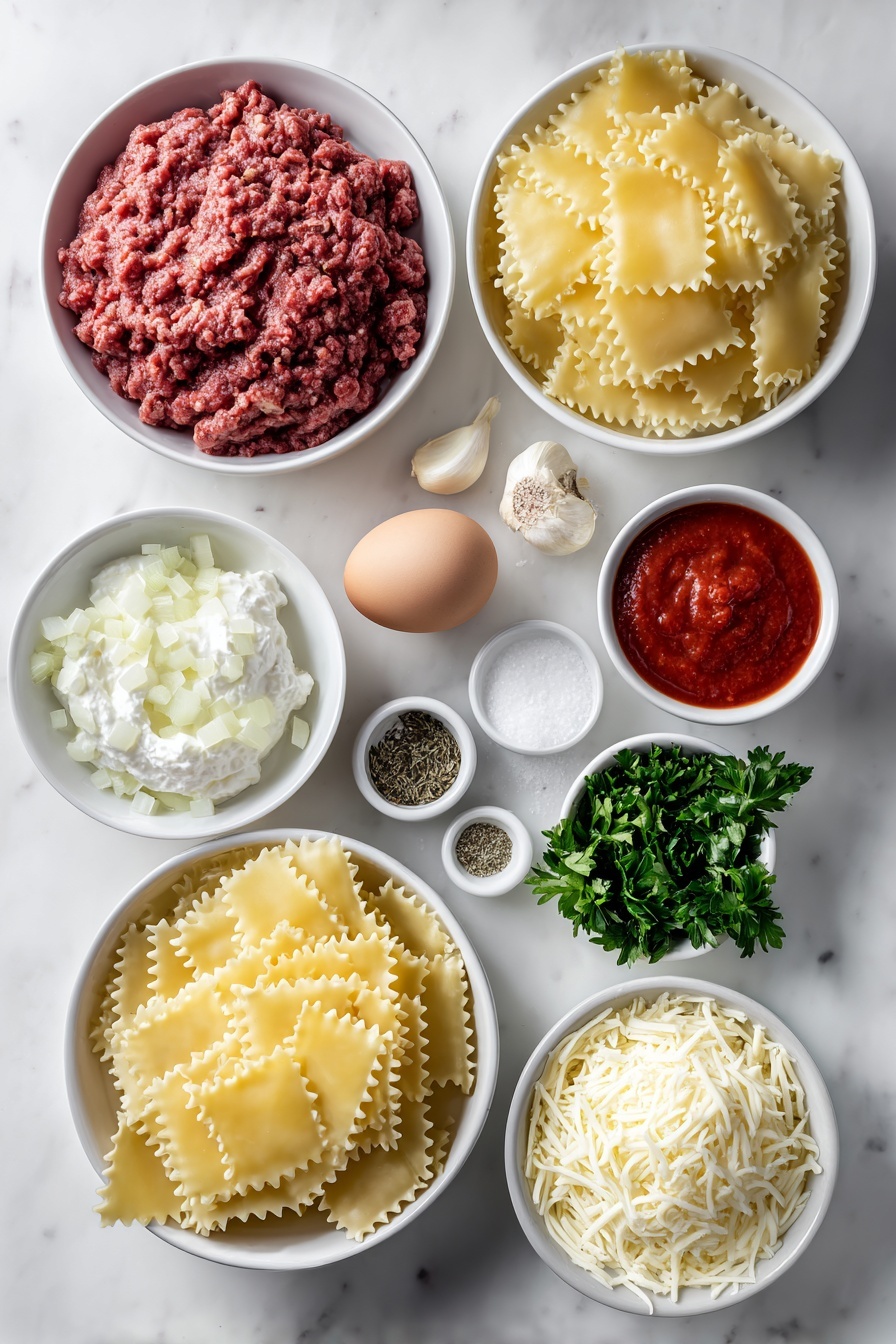 Flat lay of uncooked lasagna noodles neatly stacked, a mound of raw ground beef with a bright red hue, a small white bowl filled with rich red marinara sauce, a few diced pale yellow onion pieces arranged in a simple white bowl, three whole garlic cloves with papery skins intact, a small white bowl containing coarse sea salt crystals, another small white bowl with cracked black peppercorns, a small white bowl of dried oregano leaves, a generous dollop of creamy white ricotta cheese in a white ceramic bowl, one large uncracked brown egg, a small white bowl heaped with finely shredded pale yellow Parmesan cheese, another small white bowl holding shredded mozzarella cheese strings, and a small pile of freshly chopped vibrant green parsley leaves placed in a white bowl, all ingredients arranged with perfect symmetry and balanced proportions, placed on a clean white marble surface, soft natural light, photo taken with an iPhone, professional food photography style, fresh ingredients, white ceramic bowls, no bottles, no duplicates, no utensils, no packaging --ar 2:3 --v 7 --p m7354615311229779997 - Cheesy Beef Lasagna Roll Ups, Italian roll ups, cheesy beef pasta, easy lasagna dish, family-friendly lasagna