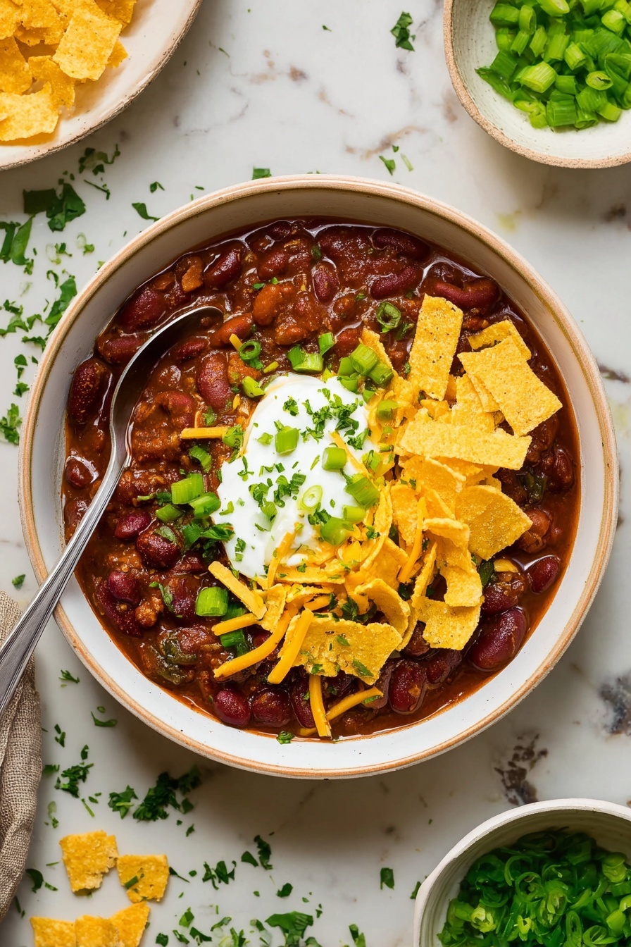 The image shows a white bowl filled with thick chili, dark brown with visible kidney beans and small green herbs mixed in. On top, there is a dollop of white sour cream at the center, surrounded by thin yellow shredded cheese and curved, crunchy-looking yellow corn chips. Chopped green onions and finely chopped green herbs are sprinkled over the sour cream and cheese. A silver spoon rests inside the bowl on the left side. The bowl is placed on a white marbled surface with scattered green herbs and a small white bowl with extra chopped green onions nearby. photo taken with an iphone --ar 2:3 --v 7 - Easy Ground Beef Chili, hearty chili recipe, quick ground beef chili, flavorful beef chili, family-friendly chili