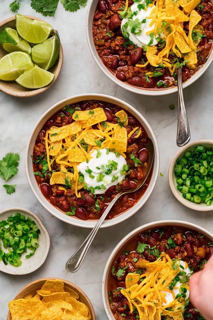 The image shows three white bowls filled with rich, dark red chili with visible beans and minced meat. Each bowl is topped with a dollop of white sour cream in the center, surrounded by bright yellow strips of cheddar cheese and curled, crunchy, light golden corn chips. Small pieces of chopped green onion and fresh green cilantro leaves are scattered on top, adding a fresh touch. Around the bowls, there are lime wedges and extra chopped green onions in small white bowls on a white marbled surface, with a woman's hand holding a spoon in the bottom right bowl. Photo taken with an iphone --ar 2:3 --v 7 - Easy Ground Beef Chili, hearty chili recipe, quick ground beef chili, flavorful beef chili, family-friendly chili