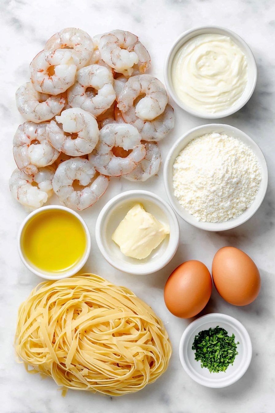 Flat lay of peeled and deveined shrimp with a pink and white hue, a small mound of uncooked fettuccine pasta strands, a small white ceramic bowl filled with golden oil, a small white ceramic bowl holding two tablespoons of creamy unsalted butter, a whole small white onion, a single peeled garlic clove, a small white ceramic bowl containing pale yellow white wine, a small white ceramic bowl filled with smooth heavy whipping cream, a small white ceramic bowl with finely grated parmesan cheese, a small pile of fresh bright green parsley leaves, a small white ceramic bowl holding a sprinkle of paprika powder, and two whole uncracked brown eggs arranged symmetrically in a balanced layout, placed on a clean white marble surface, soft natural light, photo taken with an iPhone, professional food photography style, fresh ingredients, white ceramic bowls, no bottles, no duplicates, no utensils, no packaging --ar 2:3 --v 7 --p m7354615311229779997 - Creamy Shrimp Alfredo Pasta, Shrimp Alfredo Pasta recipe, Easy Shrimp Alfredo, Creamy seafood pasta, Restaurant-quality Shrimp Alfredo