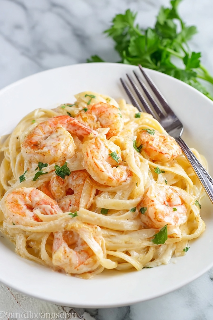 The image shows a white plate filled with creamy pasta that has a smooth, light beige sauce. On top of and mixed in the pasta are several pinkish-orange shrimp, slightly curved and cooked, with a light shine from the sauce. Small vibrant green parsley leaves dot the dish, adding color contrast. A silver fork rests on the right side of the plate, placed on a white marbled surface in the background. The overall look is fresh and appetizing, with a soft and creamy texture visible on the pasta strands. photo taken with an iphone --ar 2:3 --v 7 - Creamy Shrimp Alfredo Pasta, Shrimp Alfredo Pasta recipe, Easy Shrimp Alfredo, Creamy seafood pasta, Restaurant-quality Shrimp Alfredo