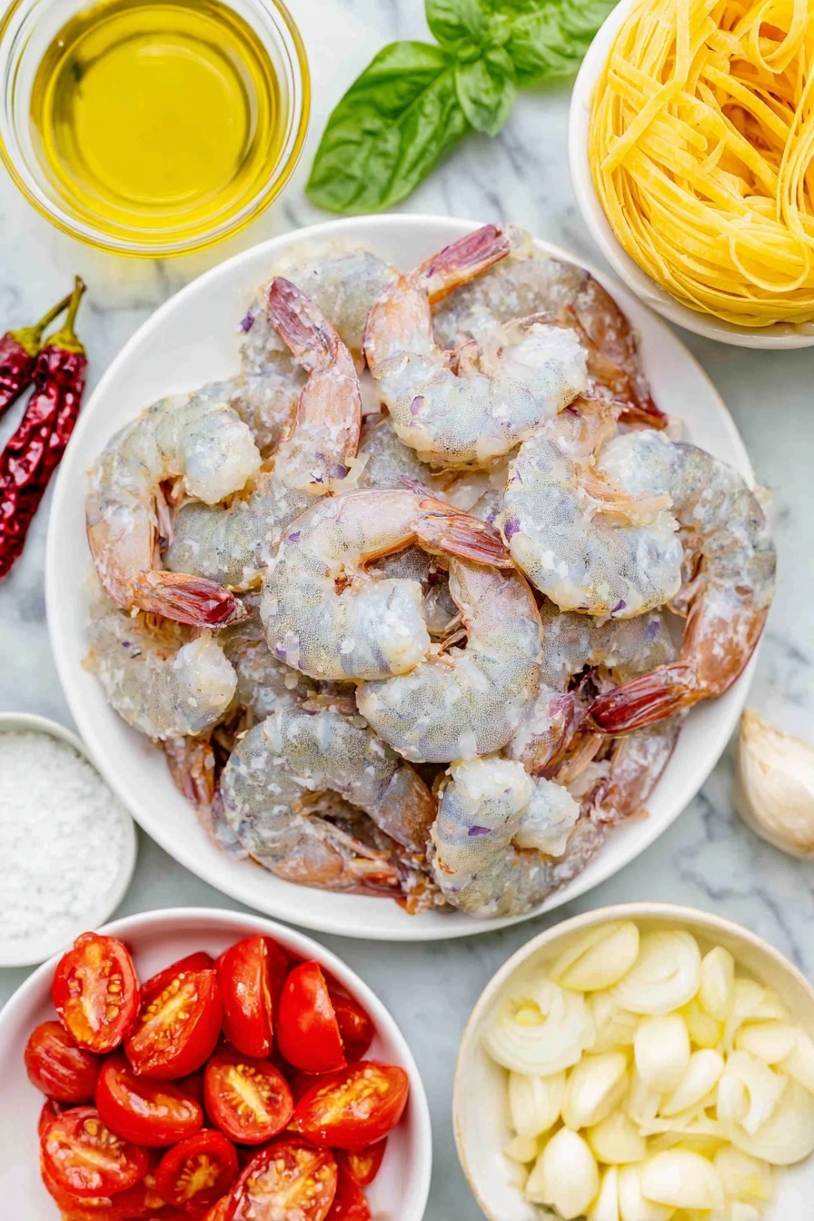 Flat lay of large raw shrimp with shells removed and deveined, a small heap of baking soda powder on white ceramic plate, coarse kosher salt crystals in a small white bowl, uncooked linguine pasta nest, a small white bowl with extra virgin olive oil, two fresh shallots thinly sliced on white ceramic plate, three sliced garlic cloves arranged neatly on white plate, one whole small red chili pepper, a small white bowl holding dry white wine, halved bright red cherry tomatoes spread on white plate, a small bunch of fresh hand-torn basil leaves on white ceramic dish, placed on a clean white marble surface, soft natural light, photo taken with an iPhone, professional food photography style, fresh ingredients, white ceramic bowls, no bottles, no duplicates, no utensils, no packaging --ar 2:3 --v 7 --p m7354615311229779997 - Shrimp Tomato Basil Pasta, Easy shrimp pasta recipe, quick seafood pasta, healthy shrimp pasta dish, flavorful tomato basil pasta