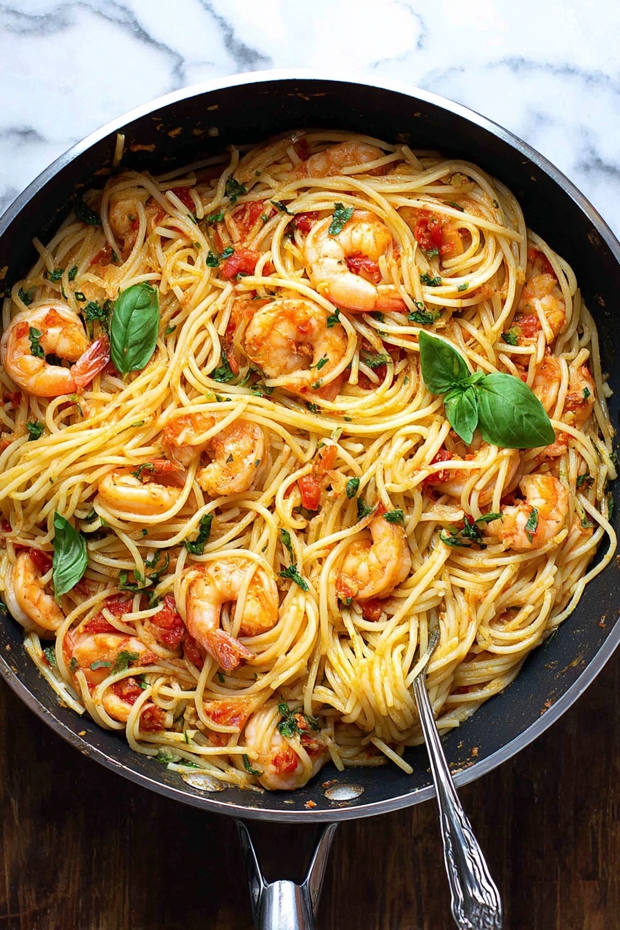 The image shows a white plate holding a serving of spaghetti with several pieces of cooked shrimp on top. The pasta is light yellow and tangled in the center with bright red cherry tomatoes scattered throughout. There are green basil leaves placed on the spaghetti, adding a fresh touch. A silver fork rests on the right side of the plate, slightly touching the food. The plate is set against a white marbled texture surface. photo taken with an iphone --ar 2:3 --v 7 - Shrimp Tomato Basil Pasta, Easy shrimp pasta recipe, quick seafood pasta, healthy shrimp pasta dish, flavorful tomato basil pasta