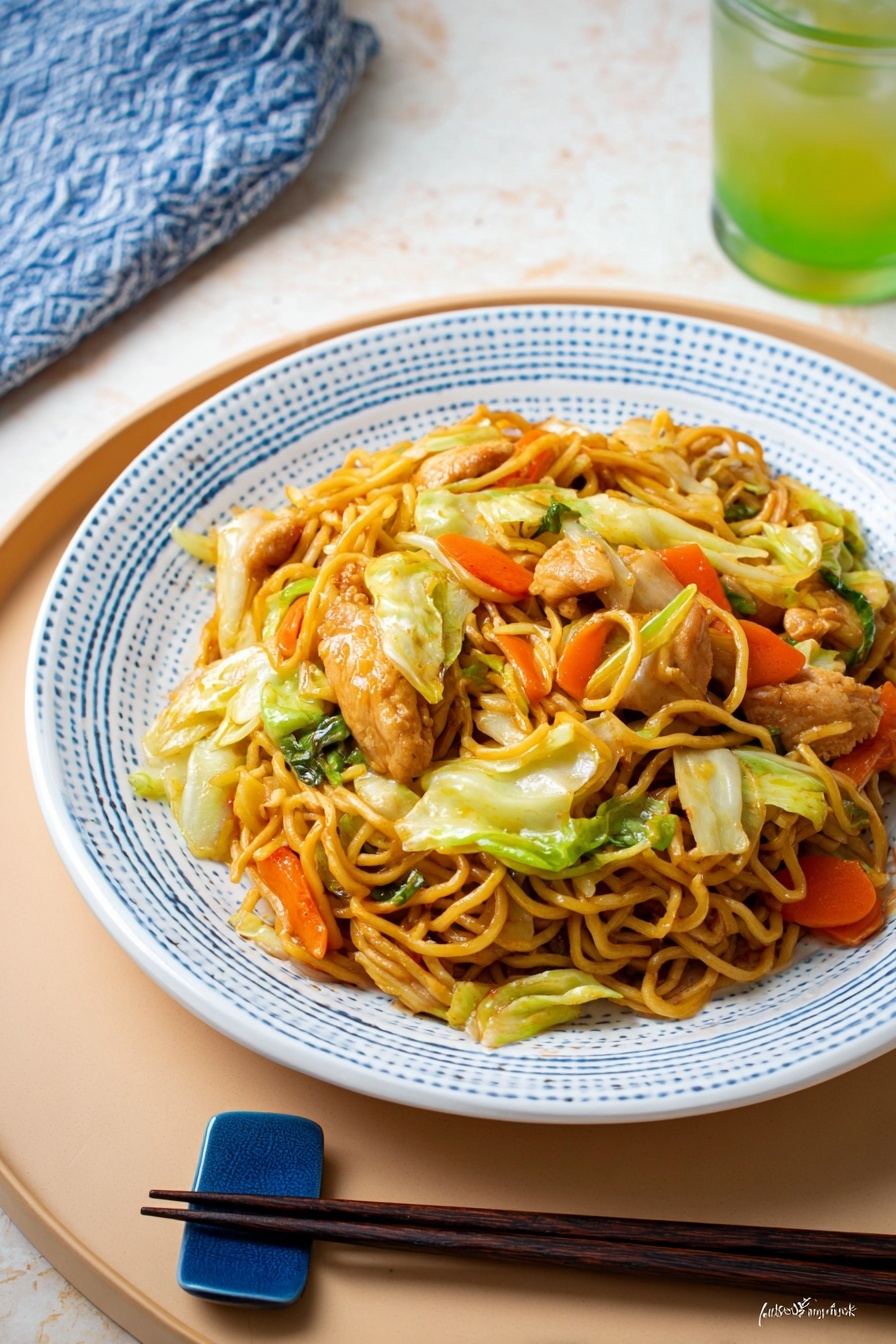 A round white plate with a thin blue patterned edge holds a serving of stir-fried noodles mixed with several pieces of cooked chicken, bright orange carrot sticks, green cabbage pieces, and some green vegetables. The noodles are light brown and slightly shiny, tangled together with the other ingredients. On the right side of the plate, there is a pair of black and brown chopsticks resting on the edge. The plate is placed on a white marbled surface with a small white bowl of green liquid nearby and a corner of a blue and white striped cloth visible. photo taken with an iphone --ar 2:3 --v 7 - Easy Chicken Yakisoba Stir-Fry, chicken yakisoba recipe, easy stir-fry dinner, quick Japanese noodles, simple chicken stir-fry