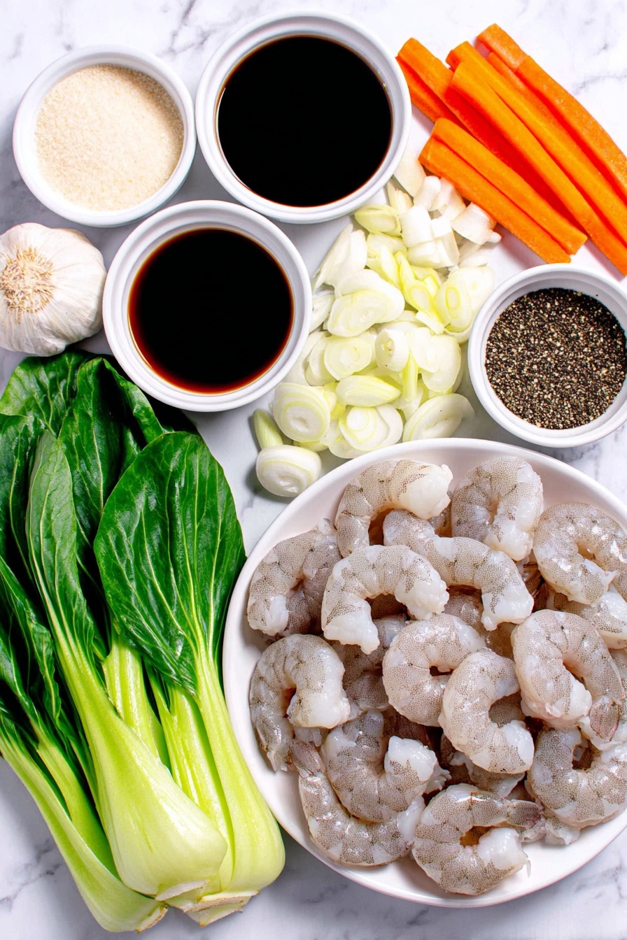 Flat lay of peeled and deveined raw shrimp, thinly sliced white onion, a small white bowl of soy sauce, a small white bowl of oyster sauce, a small white bowl of granulated sugar, a small white bowl of avocado oil, a whole uncracked garlic clove, four baby bok choy pieces cut into 1-inch segments, two small carrots cut into matchsticks, a small white bowl of vegetable broth, a small white bowl of black pepper, thinly sliced green onions, and a portion of cooked lo mein noodles arranged neatly in a simple white ceramic plate, placed on a clean white marble surface, soft natural light, photo taken with an iPhone, professional food photography style, fresh ingredients, white ceramic bowls, no bottles, no duplicates, no utensils, no packaging --ar 2:3 --v 7 --p m7354615311229779997 - Shrimp Lo Mein Stir Fry, easy shrimp stir fry recipe, Chinese takeout style noodles, quick shrimp lo mein, healthy shrimp stir fry