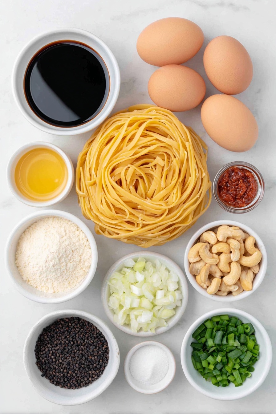 Flat lay of a small pile of dry linguine pasta strands, a few fresh king oyster mushrooms with smooth white stems and tan caps, a half small red bell pepper diced into neat cubes, two whole uncracked brown eggs, a halved small white onion diced finely, two scallions sliced into two-inch pieces with white parts separated from bright green tops, three whole dried red chiles, a small handful of roasted cashews, a few whole Szechuan peppercorns, and three small white ceramic bowls each filled with clear water, dark soy sauce, and glossy red chili bean paste, placed on a clean white marble surface, soft natural light, photo taken with an iPhone, professional food photography style, fresh ingredients, white ceramic bowls, no bottles, no duplicates, no utensils, no packaging --ar 2:3 --v 7 --p m7354615311229779997 - Vegan Kung Pao Pasta with Mushrooms, vegan pasta recipes, spicy mushroom pasta, plant-based Kung Pao sauce, quick vegan dinner ideas