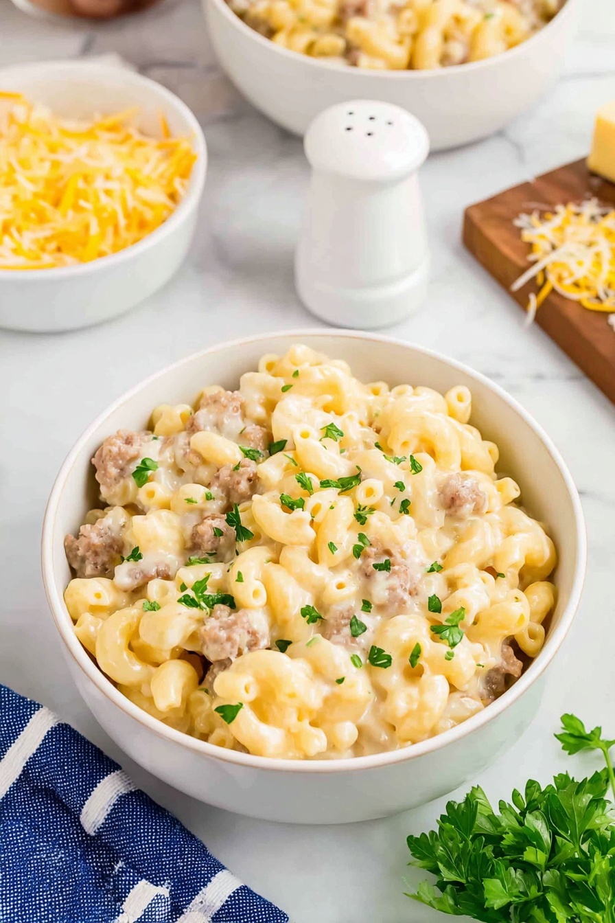 The image shows a white bowl filled with creamy pasta that has three layers: a bottom layer of pale yellow cooked macaroni, a middle layer mixed with small chunks of light brown sausage, and a top layer of white cheese sauce sprinkled with a few green herb pieces. Behind it, two more white bowls hold the same dish, sitting on a white marbled surface. To the left, a wooden cutting board with grated cheese and a block of cheese is visible. A blue and white checkered cloth is partially seen in the lower-left corner. Some green herbs lay on the marble in the bottom right corner. The lighting is bright and natural, creating a fresh feel. Photo taken with an iphone --ar 2:3 --v 7 - Creamy Sausage Mac and Cheese, easy sausage mac and cheese, cheesy sausage pasta, comfort food recipes, family favorite pasta dishes
