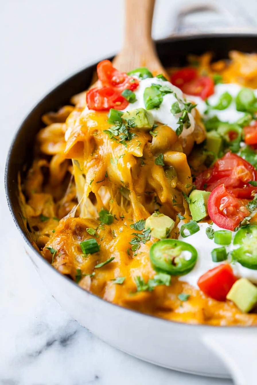 A white pan filled with baked pasta covered in melted orange cheese that stretches as a wooden spatula lifts a serving. On top, there are chopped green herbs and sliced green onions, bright red chopped tomatoes, creamy white sour cream, and small chunks of green avocado layered over the cheesy pasta. The background is a white marbled surface. photo taken with an iphone --ar 2:3 --v 7 - Cheesy Enchilada Pasta, enchilada pasta recipe, one-pot Tex-Mex pasta, cheesy pasta skillet, easy enchilada pasta