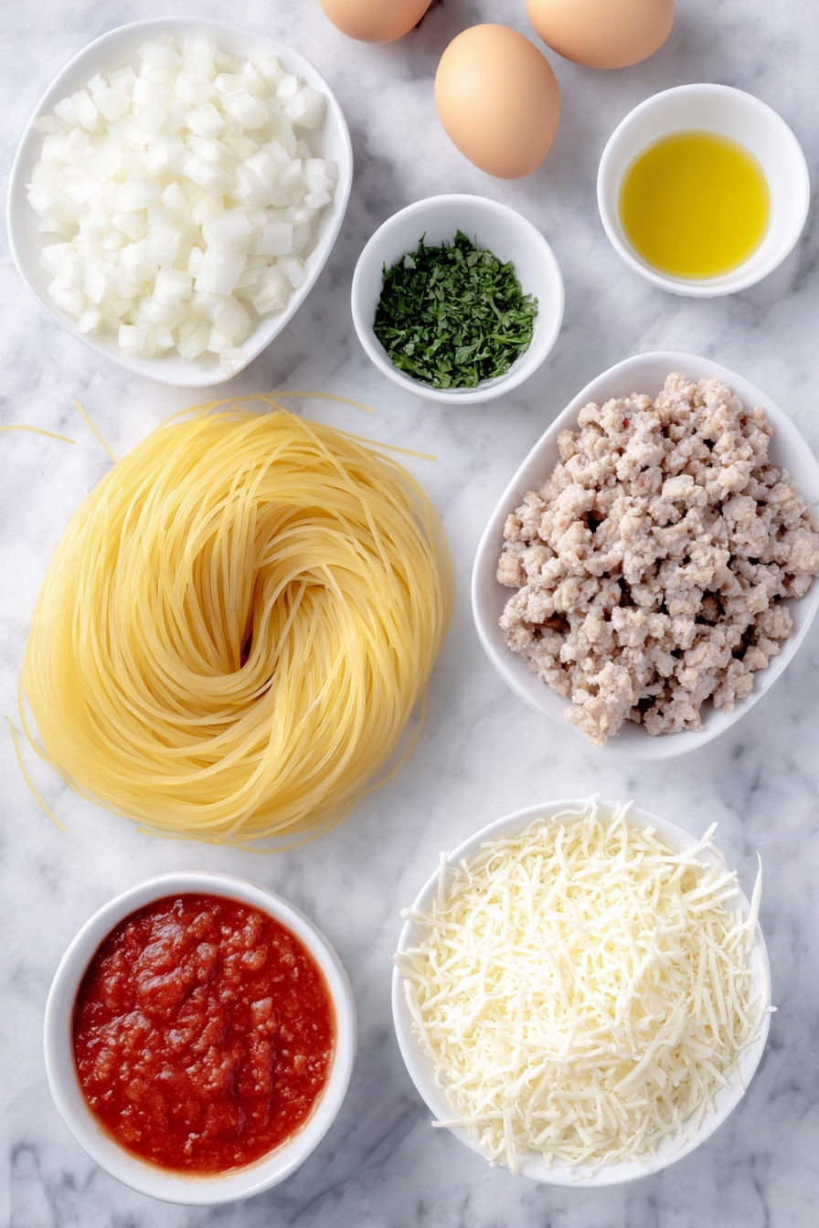 Flat lay of uncooked thin spaghetti pasta neatly coiled, a small pile of raw bulk sweet Italian sausage loosely arranged showing texture, roughly chopped fresh shiitake mushrooms with their caps and stems, a medium white onion diced into even chunks, two whole brown eggs with smooth uncracked shells, two cloves of fresh garlic with papery skin intact, a delicate handful of bright green chopped flat-leaf parsley, a small white ceramic bowl holding vibrant red marinara tomato sauce, another small white bowl filled with golden extra virgin olive oil, a simple white bowl of creamy white ricotta cheese, a neat mound of finely grated pale Parmesan cheese, and a small heap of shredded white mozzarella cheese, all placed on a clean white marble surface, soft natural light, photo taken with an iPhone, professional food photography style, fresh ingredients, white ceramic bowls, no bottles, no duplicates, no utensils, no packaging --ar 2:3 --v 7 --p m7354615311229779997 - Cheesy Loaded Baked Spaghetti, baked spaghetti casserole, cheesy pasta bake, easy baked spaghetti recipe, hearty spaghetti dinner