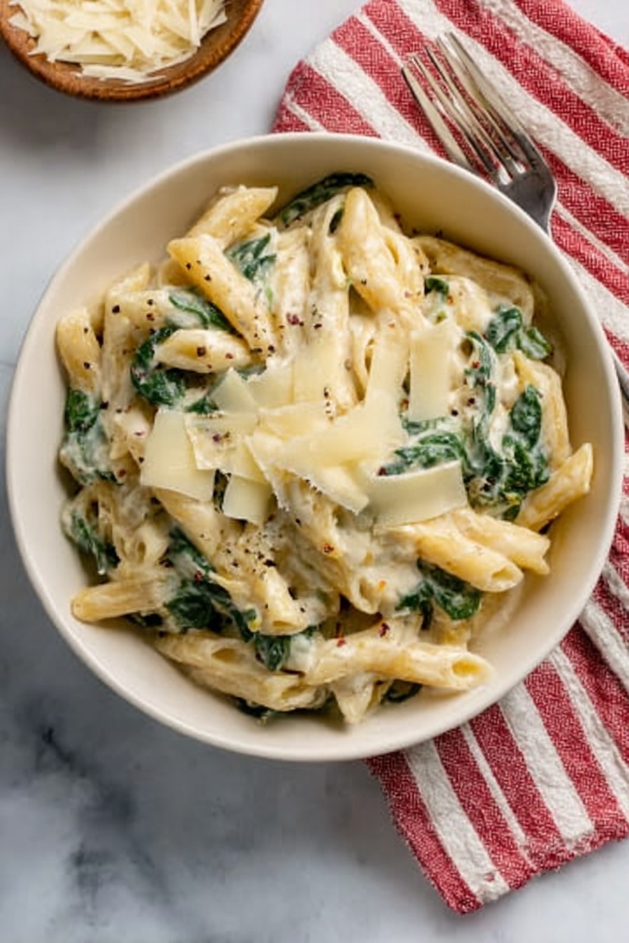 A white bowl filled with creamy pasta, showing three main layers: the bottom layer is light yellow penne pasta, the middle layer is green spinach pieces mixed evenly, and the top layer has thinly shaved pale yellow cheese slices scattered over the pasta. The pasta looks soft and coated in a white creamy sauce. The bowl sits on a white marbled surface next to a red and white striped cloth. photo taken with an iphone --ar 2:3 --v 7 - Creamy Chicken Spinach Pasta, creamy pasta with chicken and spinach, quick chicken pasta dinner, easy seafood pasta recipes, comforting weeknight meals