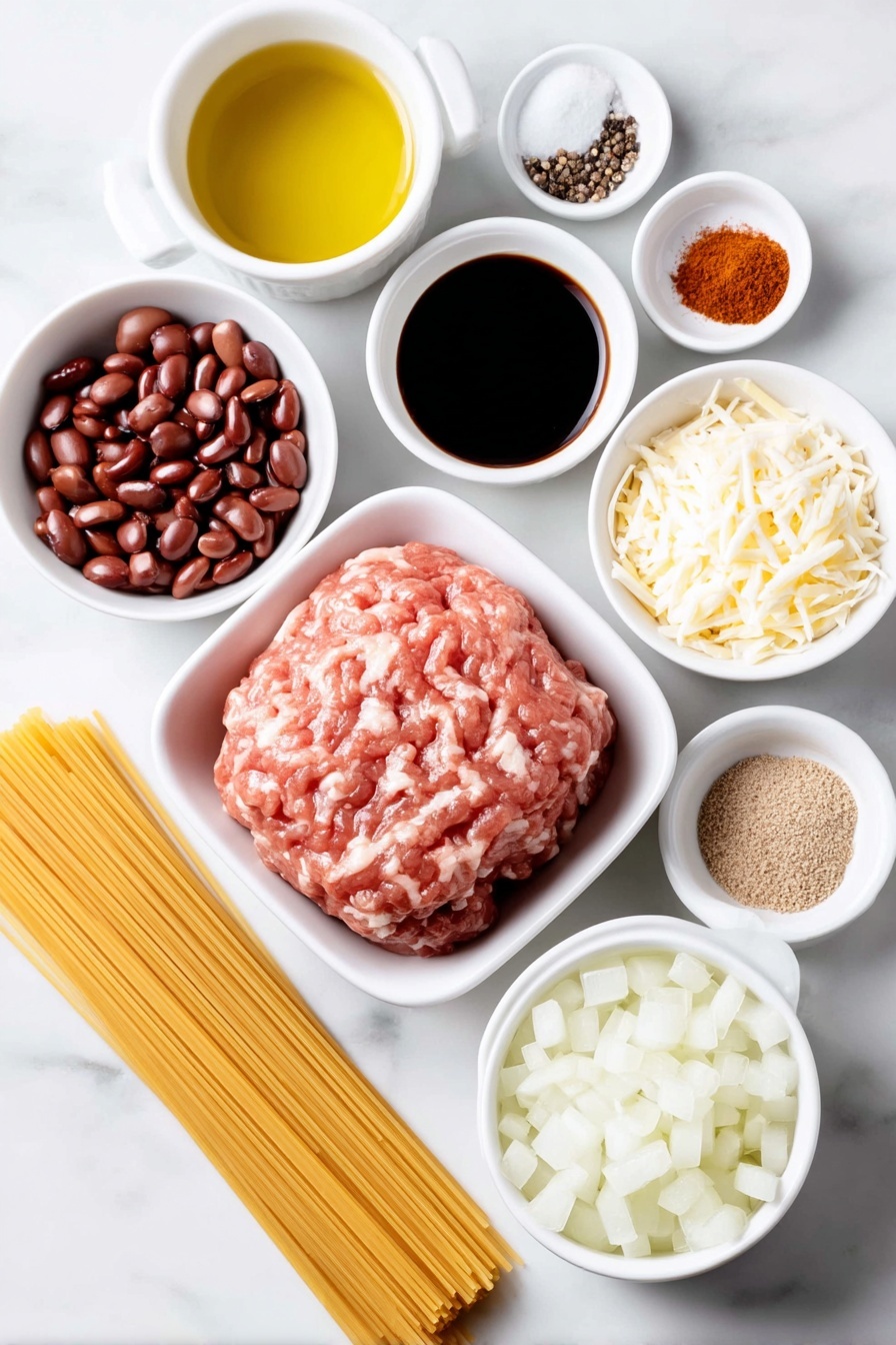 Flat lay of a small mound of fresh raw ground chuck meat shaped naturally, a small white ceramic bowl of golden olive oil, a small white ceramic bowl filled with diced white onions, a small white ceramic bowl with minced garlic cloves, a small white ceramic bowl of rich red tomato paste, a small white ceramic bowl of pale golden apple cider vinegar, a small white ceramic bowl with dark Worcestershire sauce, a small white ceramic bowl each holding tiny piles of ground cloves, ground cayenne pepper, chili powder, ground cinnamon, and ground allspice arranged symmetrically, a small white ceramic bowl of granulated sugar, a small white ceramic bowl of unsweetened cocoa powder, a small piece of unsulphured molasses block, a neat bundle of uncooked dry spaghetti pasta, a small white ceramic bowl filled with freshly shredded bright orange cheddar cheese, a small white ceramic bowl with rinsed black beans, a small white ceramic bowl with rinsed red kidney beans, a whole uncracked brown onion, and a small white ceramic bowl full of oyster crackers, all carefully balanced and evenly spaced, placed on a clean white marble surface, soft natural light, photo taken with an iPhone, professional food photography style, fresh ingredients, white ceramic bowls, no bottles, no duplicates, no utensils, no packaging --ar 2:3 --v 7 --p m7354615311229779997 - Cincinnati Chili Spaghetti, Cincinnati Chili, Cincinnati Chili Spaghetti recipe, Midwest chili dish, Cincinnati-inspired pasta