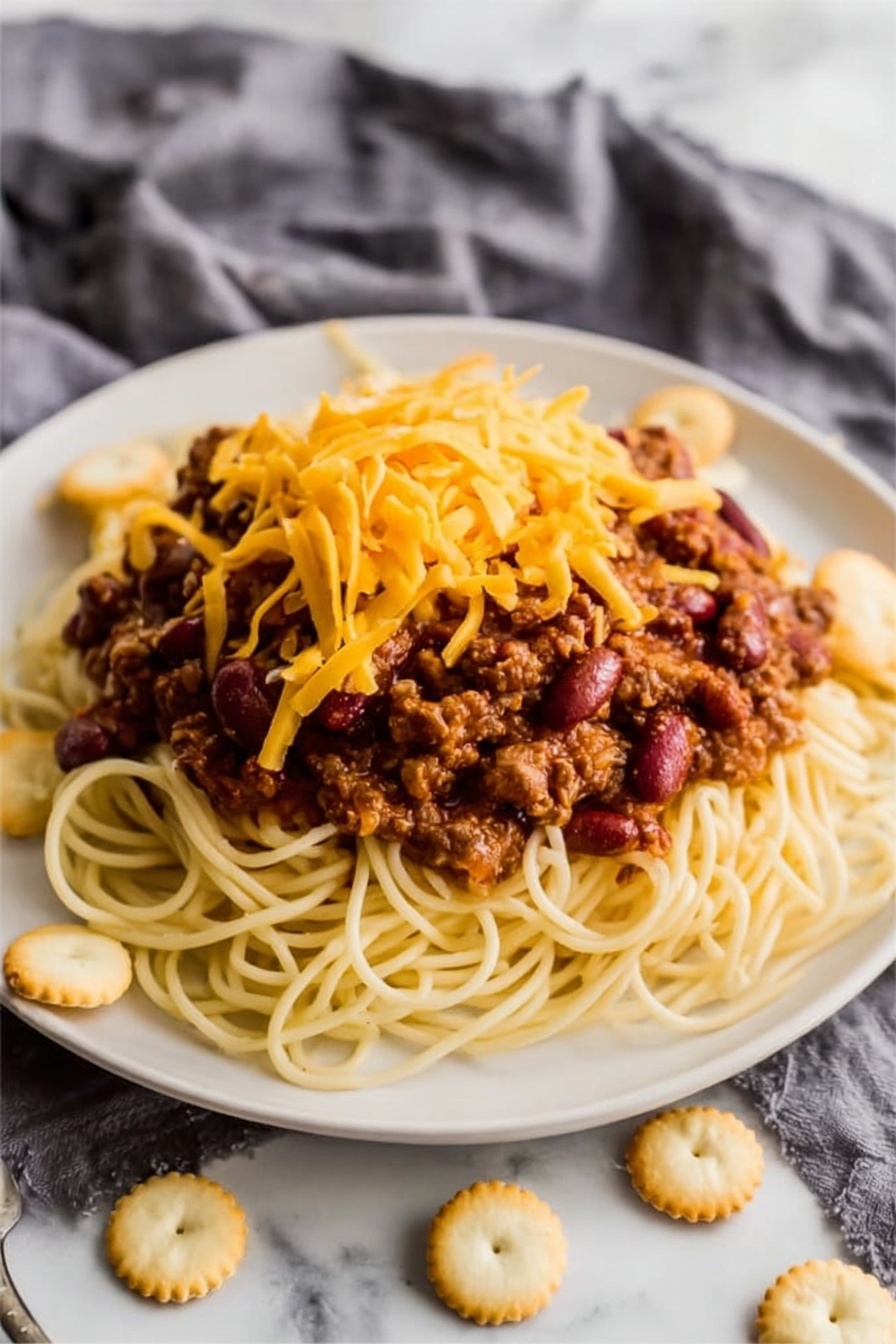 A white plate holds a layer of cooked spaghetti pasta, light yellow and smooth in texture, arranged in a loose pile. On top of the pasta is a thick layer of chili made with ground meat and red kidney beans, rich brown in color with chunks and a slightly glossy texture. Sprinkled over the chili is a generous amount of shredded bright orange cheddar cheese, adding a soft but firm texture. Scattered around the plate's edges are small round oyster crackers, pale cream in color and crunchy. The plate rests on a white marbled surface partially covered by a gray cloth. Photo taken with an iphone --ar 2:3 --v 7 - Cincinnati Chili Spaghetti, Cincinnati Chili, Cincinnati Chili Spaghetti recipe, Midwest chili dish, Cincinnati-inspired pasta