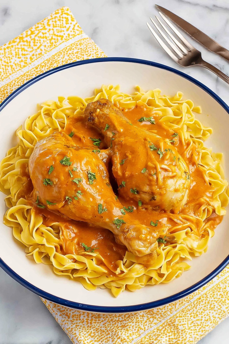 The image shows a white plate with a blue rim filled with yellow egg noodles as the base layer, roughly spread out. On top, there are two pieces of chicken, one thigh and one drumstick, covered in a thick orange sauce. The sauce is smooth and glossy, coating both the chicken and the noodles partially. The chicken pieces are sprinkled with small green herb leaves for garnish. The plate is set on a white marbled surface with a yellow and white patterned napkin and a silver fork beside it. photo taken with an iphone --ar 2:3 --v 7 - Easy Chicken Paprikash, Hungarian Chicken Paprikash, Creamy Chicken Paprikash, Authentic Chicken Paprikash, Quick Chicken Paprikash