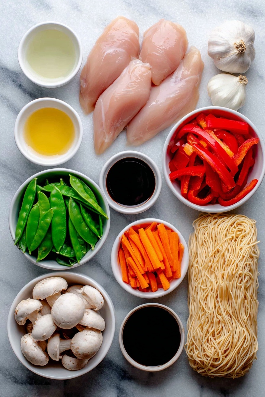Flat lay of boneless skinless chicken breasts with smooth, pale pink flesh, three whole uncracked brown garlic cloves, a medium white onion cut in half showing its layers, a large red bell pepper sliced into thin vibrant red strips, a cluster of sliced white mushrooms with tan caps, a small white bowl filled with slender, bright orange matchstick carrots, a small white bowl with fresh crisp green snow peas, a small white bowl containing fresh green bok choy leaves, a small white bowl of clear golden chicken stock, a small white bowl of pale yellow lemon juice, a small white bowl of translucent rice wine vinegar, a small white bowl of thick dark reddish-brown Hoisin sauce, a small white bowl holding glossy dark soy sauce, and a neat bundle of pale tan rice stir-fry noodles broken in half -- all ingredients arranged symmetrically with perfect balance, placed on a clean white marble surface, soft natural light, photo taken with an iPhone, professional food photography style, fresh ingredients, white ceramic bowls, no bottles, no duplicates, no utensils, no packaging --ar 2:3 --v 7 --p m7354615311229779997 - Instant Pot Chicken Lo Mein, Chinese chicken noodle stir-fry, quick weeknight dinner, healthy Instant Pot recipes, easy Asian inspired meal