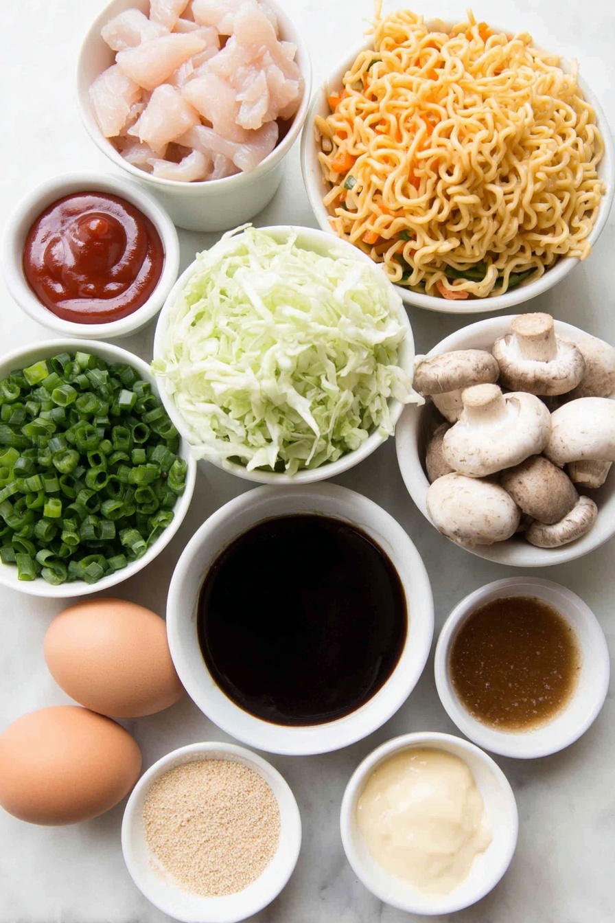 Flat lay of fresh sliced raw chicken breast strips, bright red bell pepper cut into thin long strips, whole fresh button mushrooms sliced in half, shredded green cabbage pile, slender matchstick carrots, white and light green portions of chopped green onions in a small neat mound, vibrant green portions of green onion cut into 2-inch strips, a small white ceramic bowl of glossy dark soy sauce, a small white ceramic bowl of thick reddish ketchup, a small white ceramic bowl of dark Worcestershire sauce, a small white ceramic bowl with sticky light brown packed sugar, a small white ceramic bowl of shiny oyster sauce, a small white ceramic bowl holding amber sesame oil, a small white ceramic bowl with pale creamy garlic stir-in paste, a small white ceramic bowl with soft yellow ginger stir-in paste, a small portion of fresh uncooked yellow yakisoba noodles arranged neatly without packaging, a small white ceramic bowl with golden vegetable oil, a small white ceramic bowl with chopped raw peanuts, whole uncracked brown eggs arranged symmetrically -- all ingredients fresh and natural, no packaging, placed on a clean white marble surface, soft natural light, photo taken with an iPhone, professional food photography style, fresh ingredients, white ceramic bowls, no bottles, no duplicates, no utensils, no packaging --ar 2:3 --v 7 --p m7354615311229779997 - Chicken Yakisoba Stir-Fry, Japanese stir-fry recipes, easy chicken noodle stir-fry, quick Asian dinner ideas, simple yakisoba with chicken