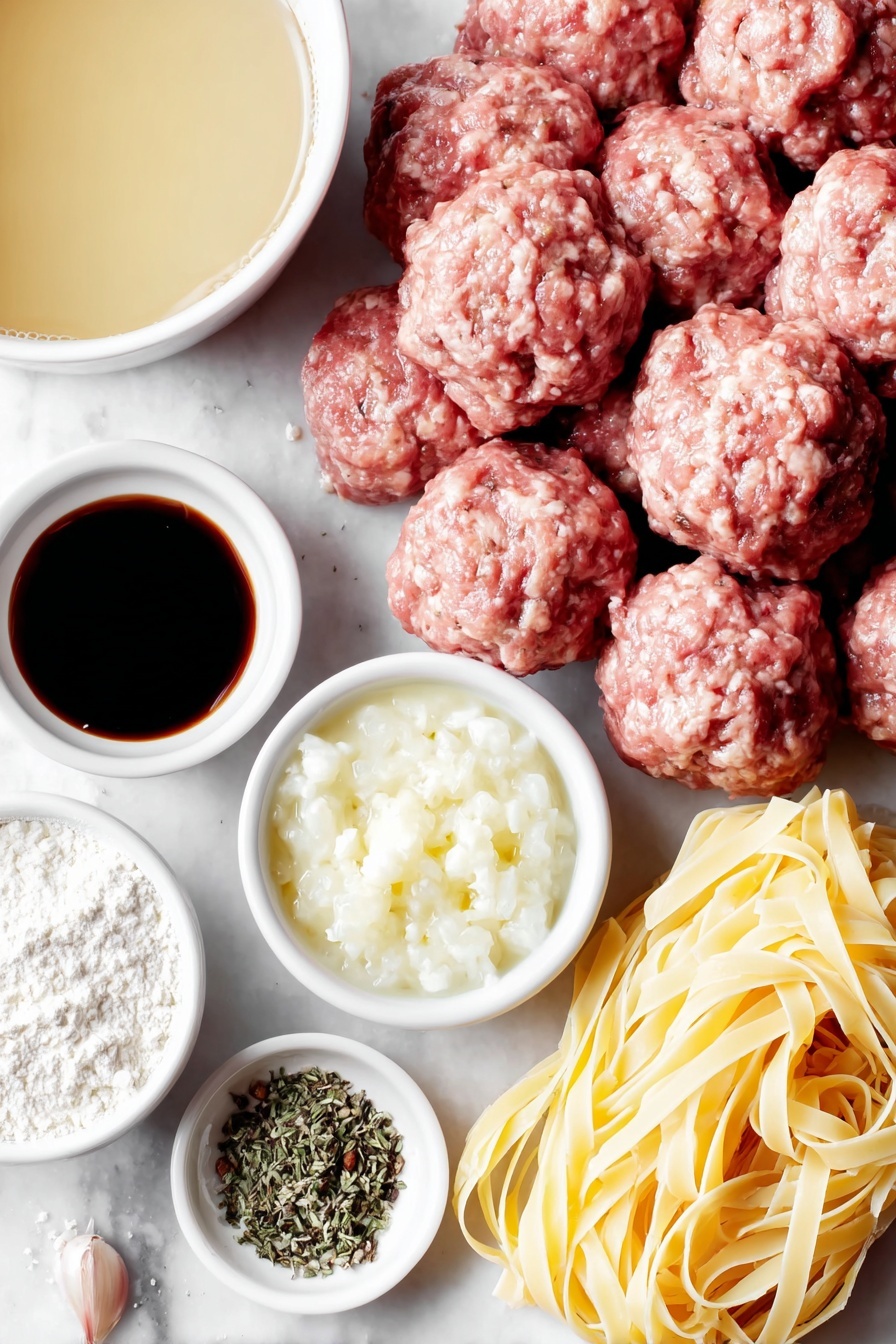 Flat lay of fresh whole uncooked beef meatballs, a small white bowl of rich low sodium beef broth, a small white bowl of creamy half and half, a small white bowl with dark Worcestershire sauce, two cloves of garlic with skins intact, a small pile of dried parsley flakes, a small pile of coarse salt, a small pile of dried thyme, a small pile of freshly cracked black pepper, a neat bundle of extra broad egg noodles, a small white bowl of white corn starch powder, all arranged symmetrically on a clean white marble surface, soft natural light, photo taken with an iPhone, professional food photography style, fresh ingredients, white ceramic bowls, no bottles, no duplicates, no utensils, no packaging --ar 2:3 --v 7 --p m7354615311229779997 - Creamy Swedish Meatball Noodle Skillet, Swedish meatball skillet, creamy meatball dish, one-pan Swedish meatballs, comfort food recipes