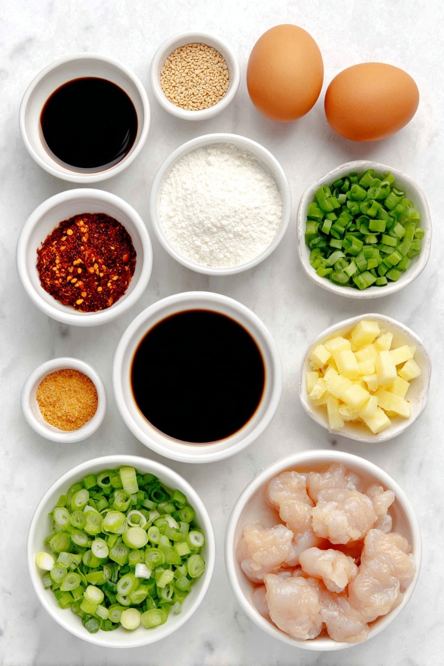 Flat lay of a simple white ceramic bowl filled with light soy sauce, a small white ceramic bowl of glossy hoisin sauce, a small white ceramic bowl of clear rice vinegar, a small white ceramic bowl containing vibrant red chili paste, a small white ceramic bowl of dark toasted sesame oil, a small white ceramic bowl of golden brown sugar crystals, a small white ceramic bowl of fine white cornflour, a small white ceramic bowl of light golden chicken stock, fresh raw chicken thigh pieces pale pink and plump, a small pile of finely grated light yellow ginger, a small heap of finely grated white garlic, two whole clean uncracked brown eggs, a small white ceramic bowl of clear vegetable oil, a small cluster of finely chopped ginger roots, a small mound of finely chopped garlic cloves, a small white ceramic bowl filled with bright red chili flakes, a small pile of thinly sliced green onions vibrant green and fresh, and a scattering of small, bright beige sesame seeds — all arranged with perfect symmetry on a clean white marble surface, soft natural light, photo taken with an iPhone, professional food photography style, fresh ingredients, white ceramic bowls, no bottles, no duplicates, no utensils, no packaging --ar 2:3 --v 7 --p m7354615311229779997 - Crispy General Tso's Chicken, homemade General Tso's chicken, best crispy chicken recipes, spicy sweet chicken dish, Asian chicken stir-fry