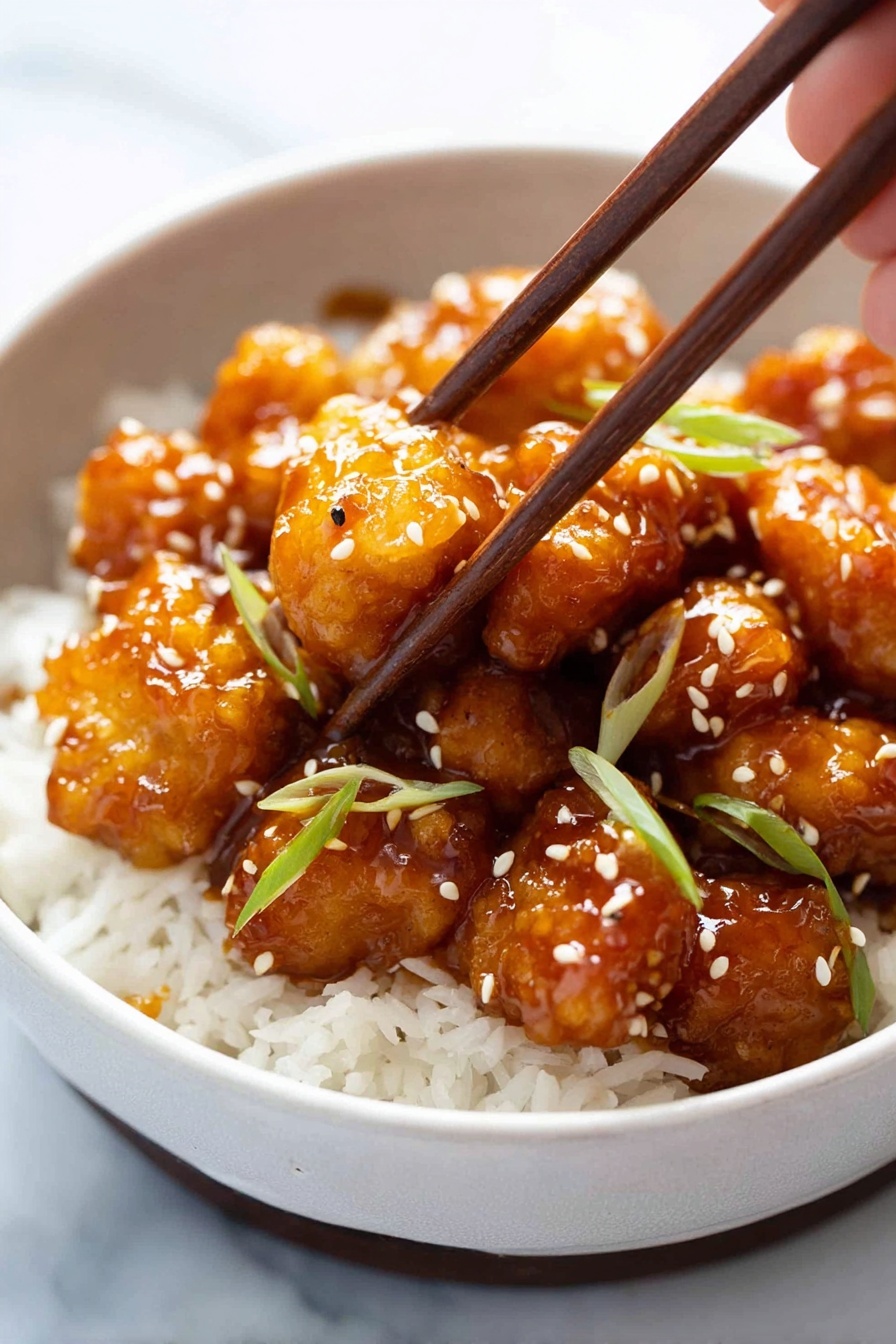 In a white bowl filled with white rice at the bottom, there is a layer of golden-brown crispy pieces covered with a thick, shiny, orange-brown sauce. The crispy pieces look soft inside with a crunchy texture outside. They are sprinkled with small white sesame seeds and thin slices of green onion, adding pops of green and white on top. A pair of wooden chopsticks held by a woman's hand is picking up one of the sauced pieces. The bowl sits on a white marbled surface, creating a clean and fresh background. Photo taken with an iphone --ar 2:3 --v 7 - Crispy General Tso's Chicken, homemade General Tso's chicken, best crispy chicken recipes, spicy sweet chicken dish, Asian chicken stir-fry