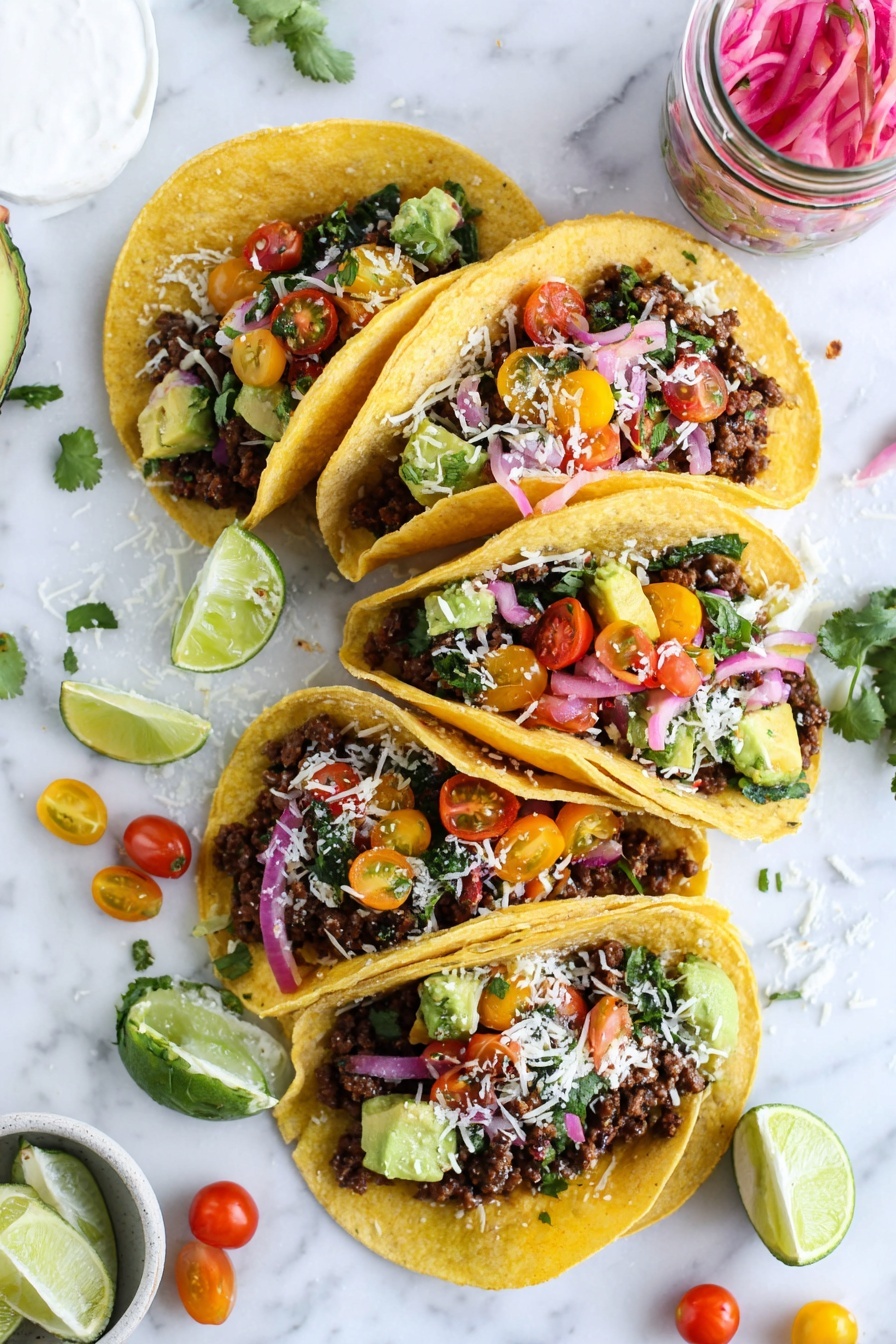 The image shows five soft yellow corn tortillas arranged in a loose circle on a white marbled surface, each filled with layers of dark brown cooked ground meat, bright green avocado chunks, colorful halves of red, yellow, and orange cherry tomatoes, fresh chopped cilantro, thin strips of purple pickled onion, and small white shredded cheese scattered on top. Lime wedges and whole cherry tomatoes are placed around the tortillas as garnish. A glass jar with pickled onions and a small white bowl of sour cream are partially visible near the edges. The scene feels fresh and vibrant, with a casual, inviting look. photo taken with an iphone --ar 2:3 --v 7 - Easy Ground Beef Tacos, quick ground beef tacos, best beef taco recipe, simple taco dinner, flavorful beef tacos